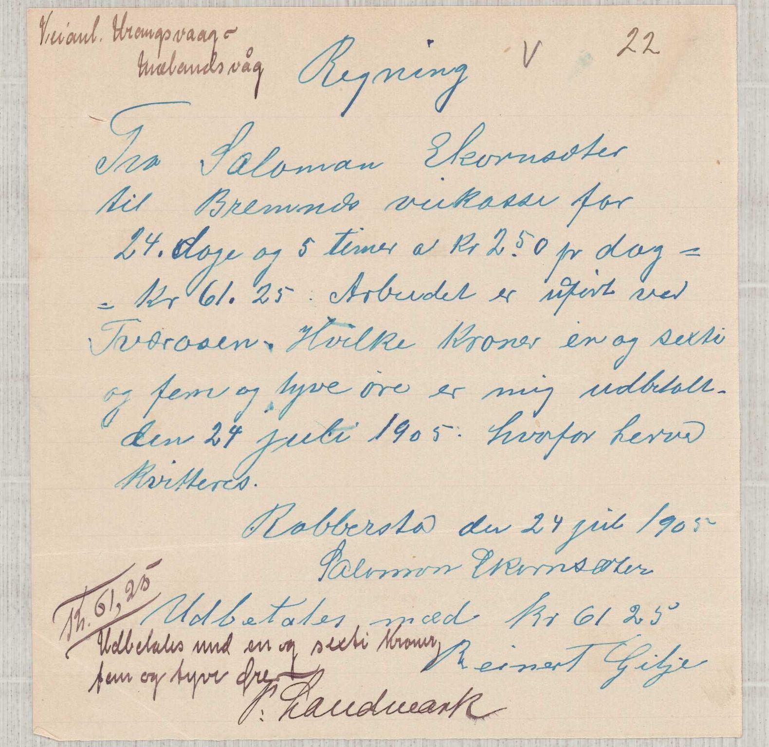 Finnaas kommune. Formannskapet, IKAH/1218a-021/E/Ea/L0002/0003: Rekneskap for veganlegg / Rekneskap for veganlegget Urangsvåg - Mælandsvåg, 1904-1905, p. 90