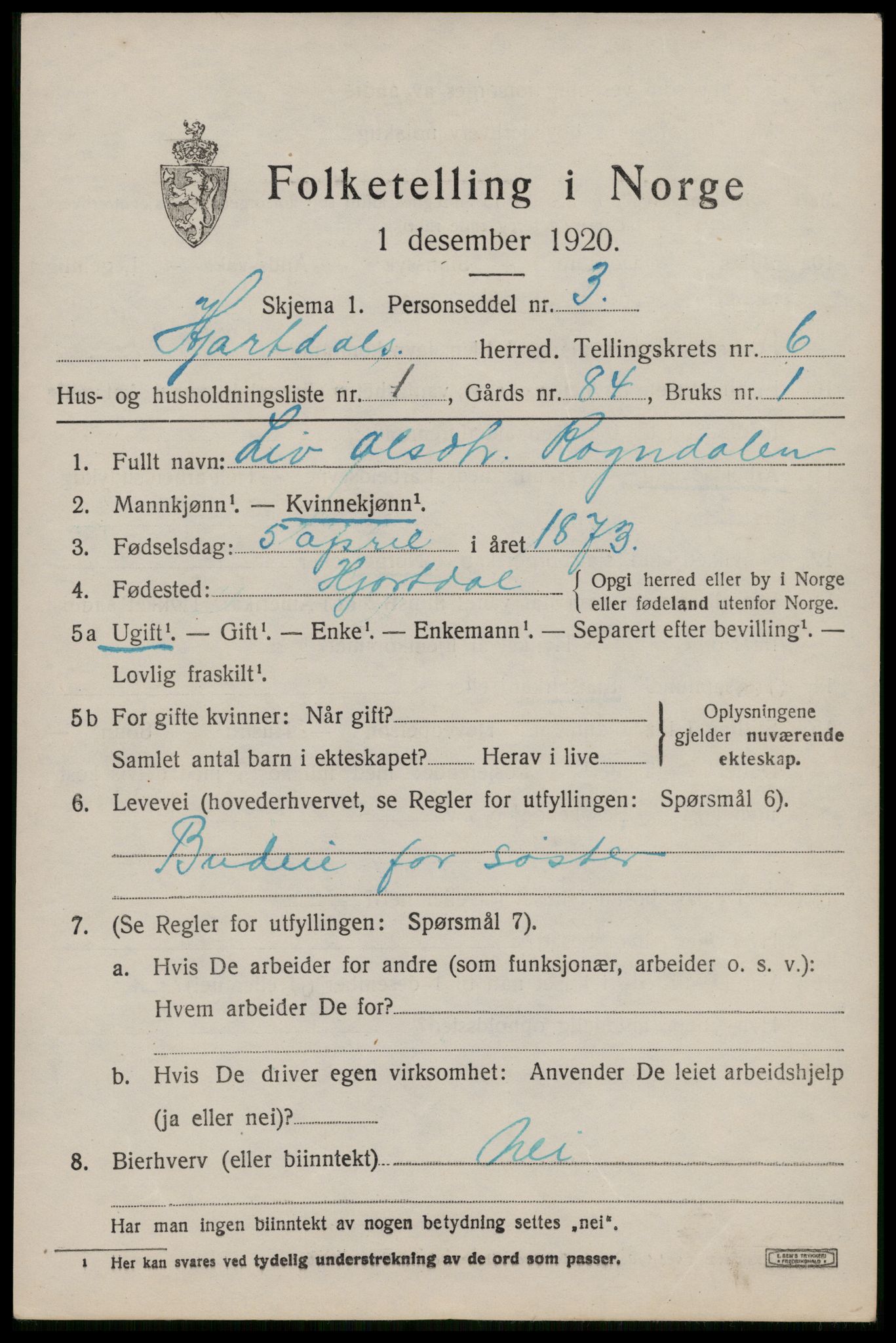 SAKO, 1920 census for Hjartdal, 1920, p. 4026