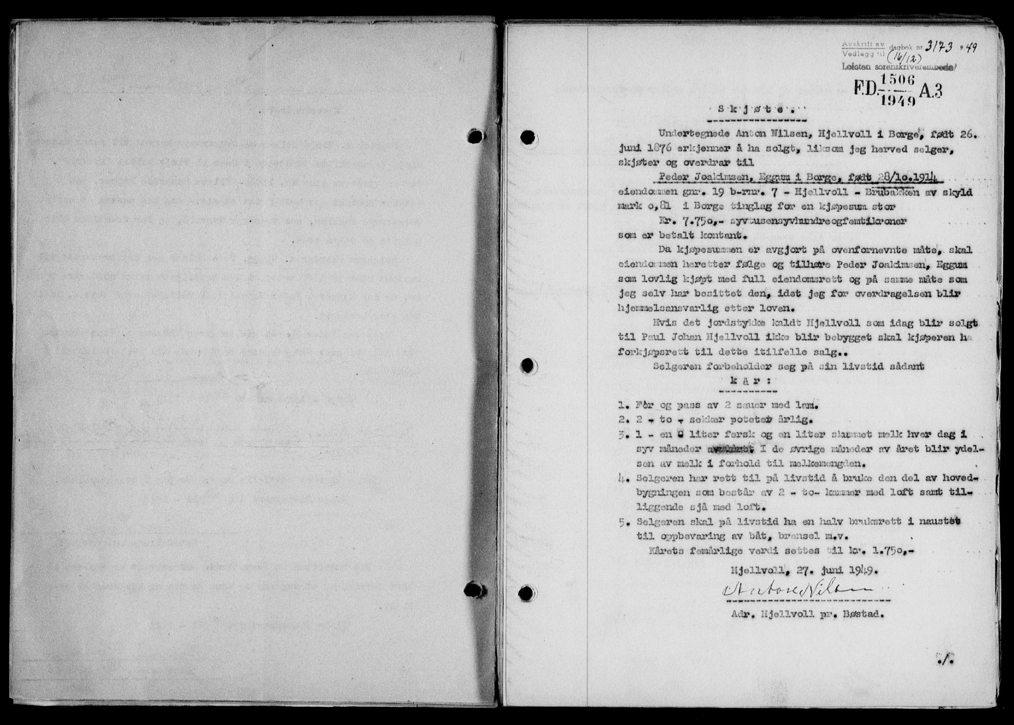 Lofoten sorenskriveri, SAT/A-0017/1/2/2C/L0022a: Mortgage book no. 22a, 1949-1950, Diary no: : 3173/1949