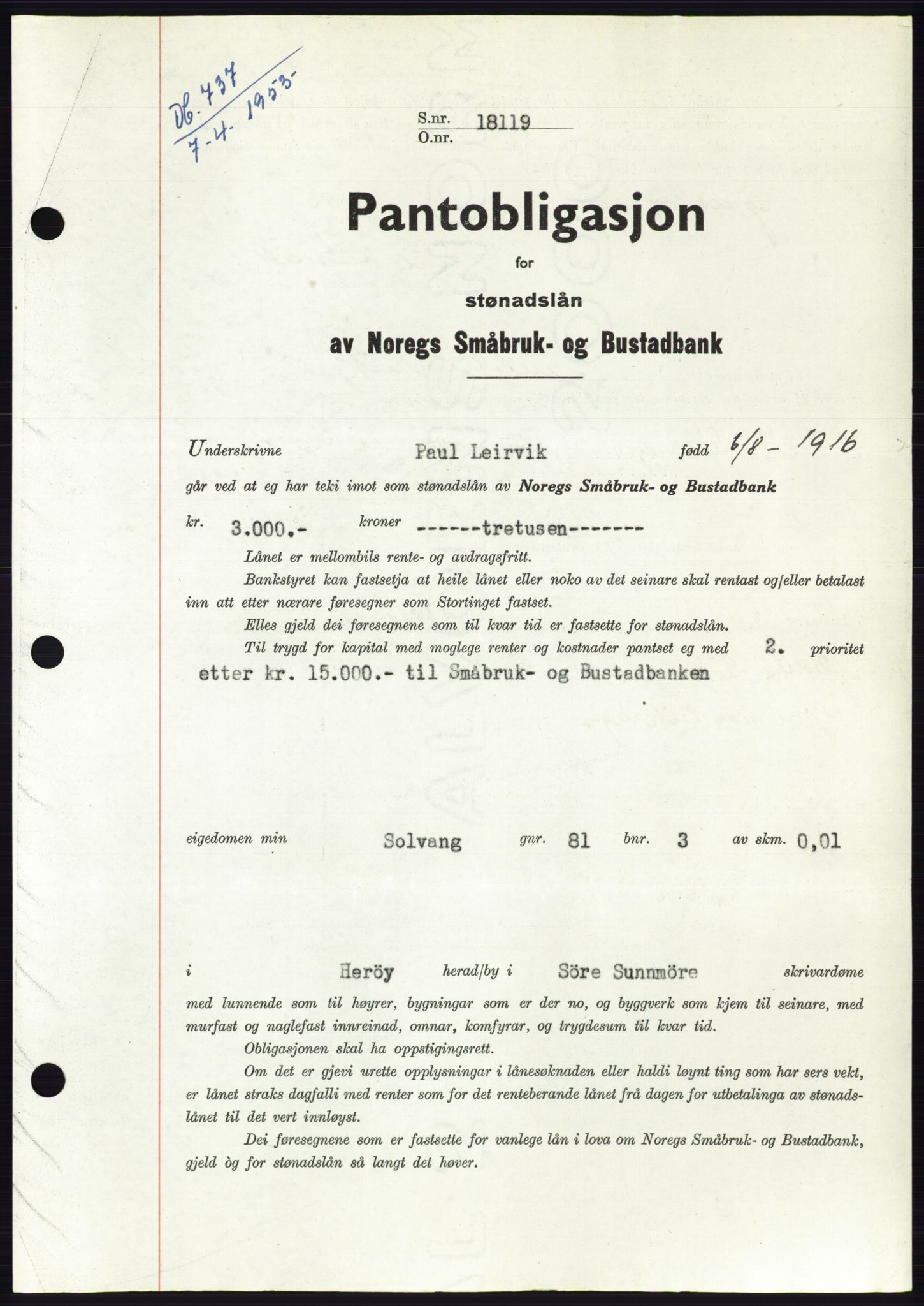 Søre Sunnmøre sorenskriveri, AV/SAT-A-4122/1/2/2C/L0123: Mortgage book no. 11B, 1953-1953, Diary no: : 737/1953