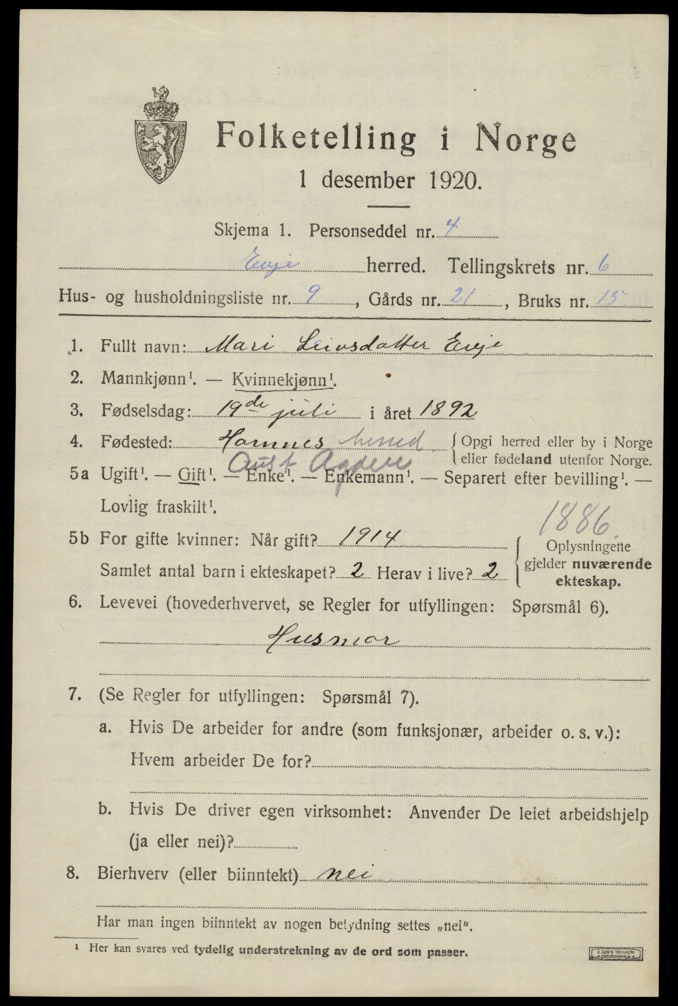 SAK, 1920 census for Evje, 1920, p. 2222