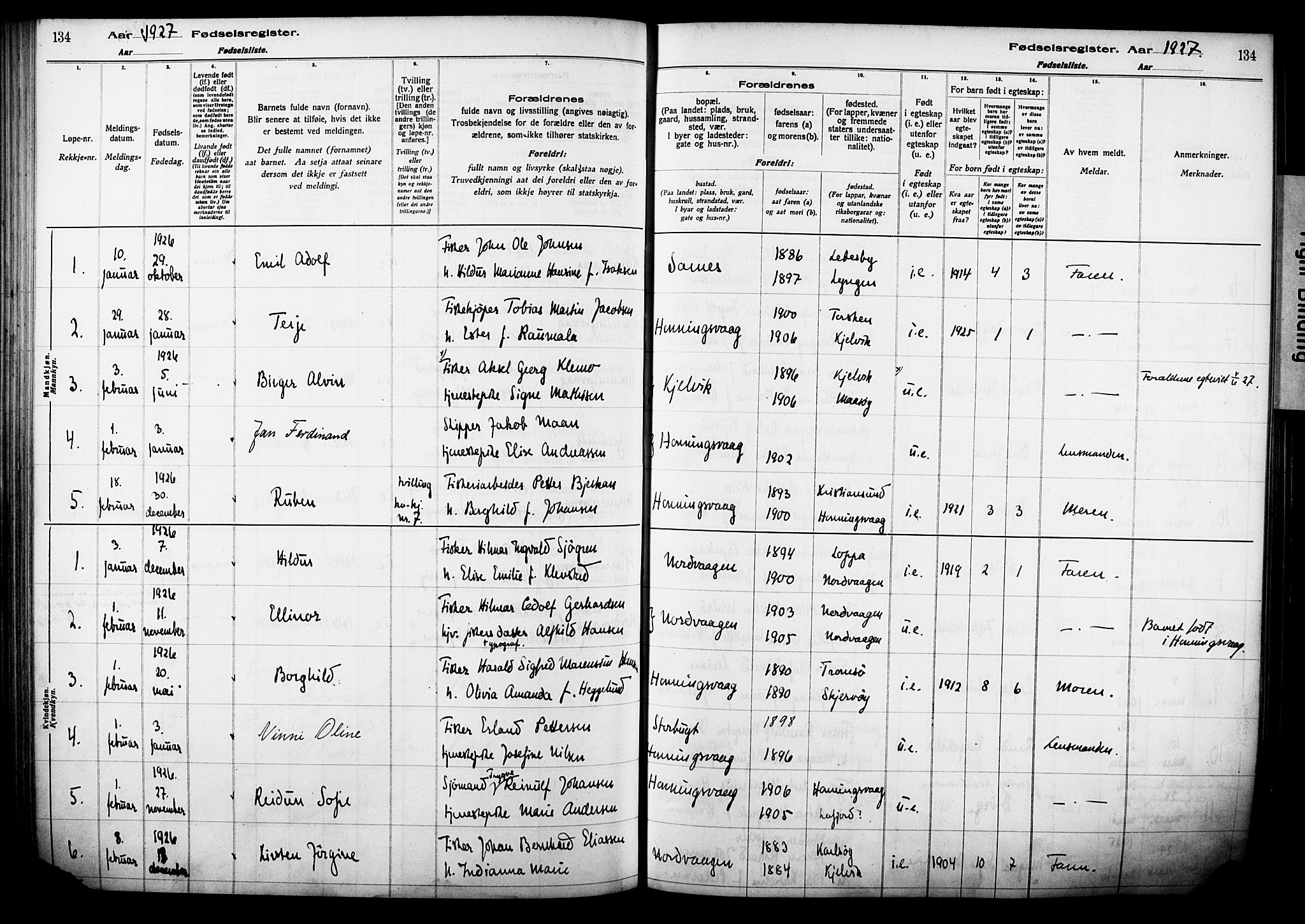 Kjelvik/Nordkapp sokneprestkontor, SATØ/S-1350/I/Ia/L0015: Birth register no. 15, 1916-1930, p. 134