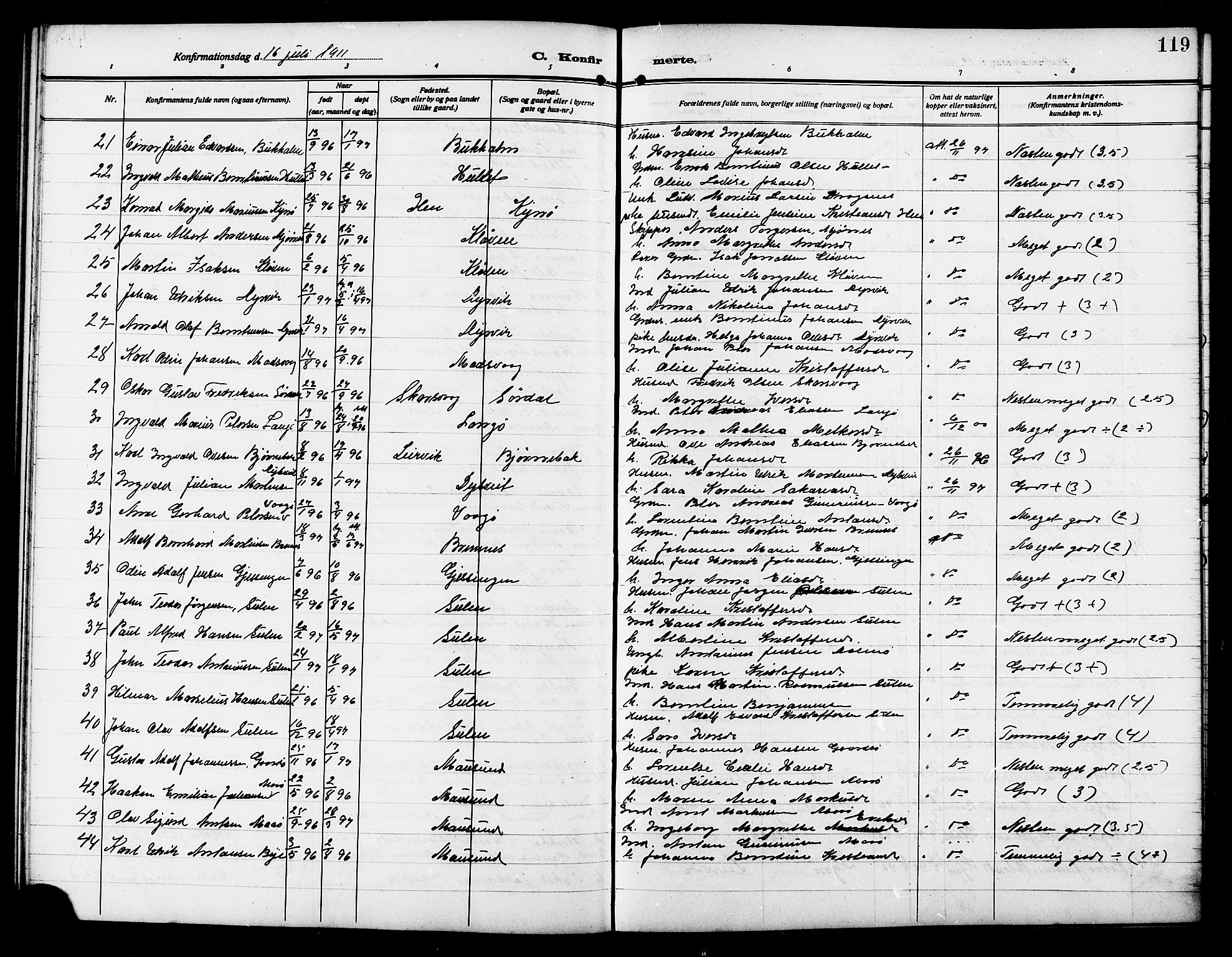 Ministerialprotokoller, klokkerbøker og fødselsregistre - Sør-Trøndelag, SAT/A-1456/640/L0588: Parish register (copy) no. 640C05, 1909-1922, p. 119