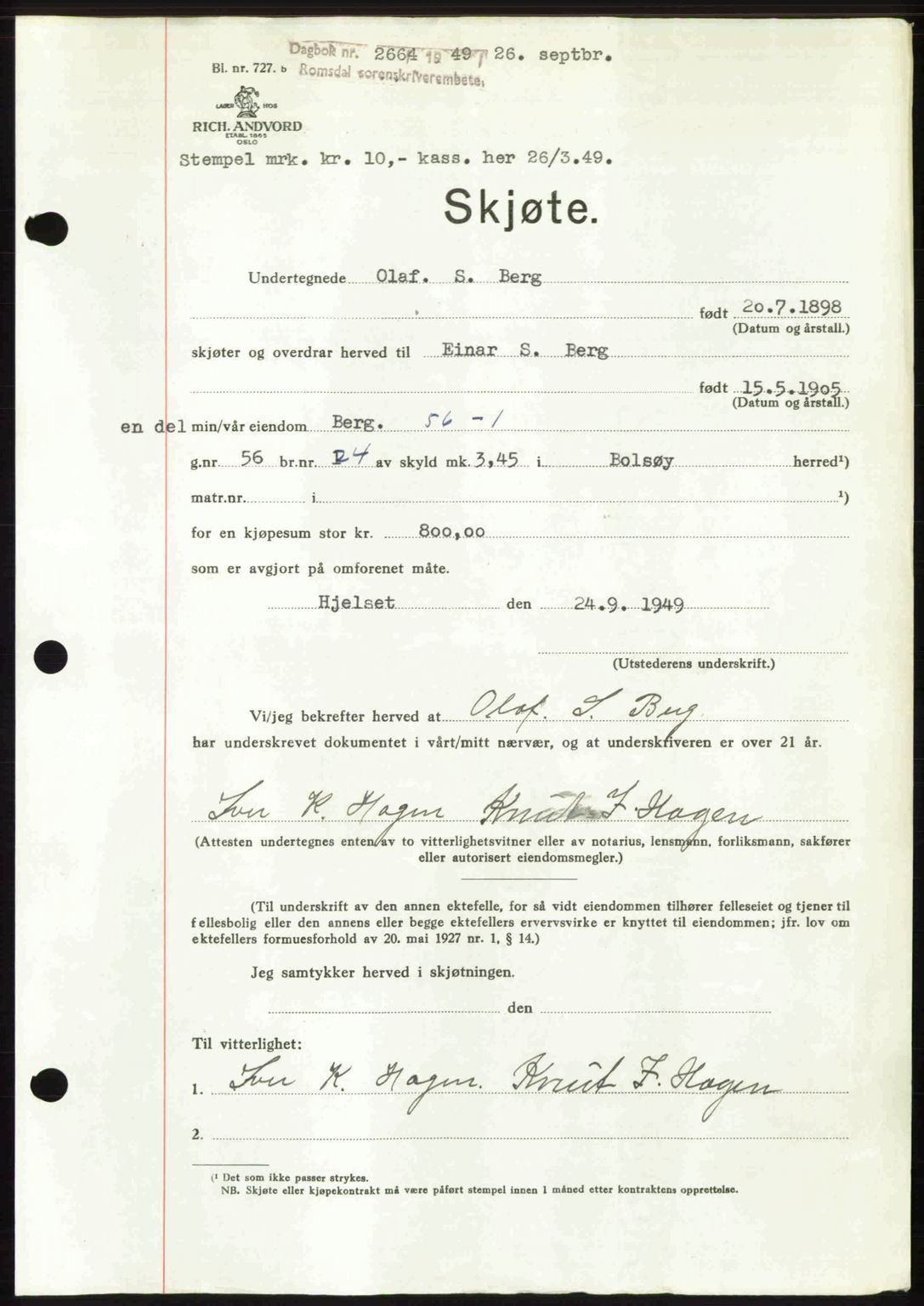 Romsdal sorenskriveri, AV/SAT-A-4149/1/2/2C: Mortgage book no. A31, 1949-1949, Diary no: : 2664/1949