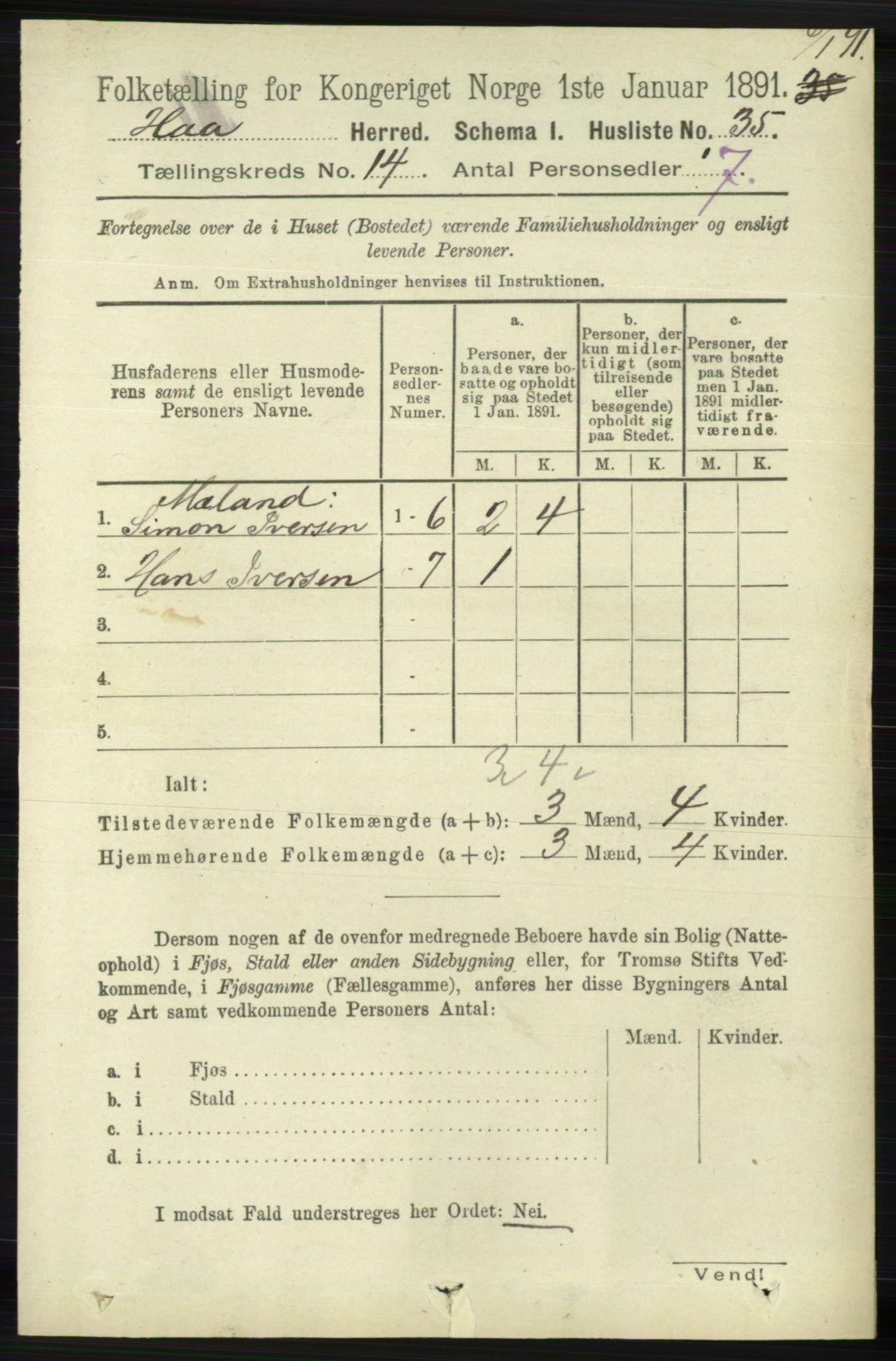 RA, 1891 census for 1119 Hå, 1891, p. 3355