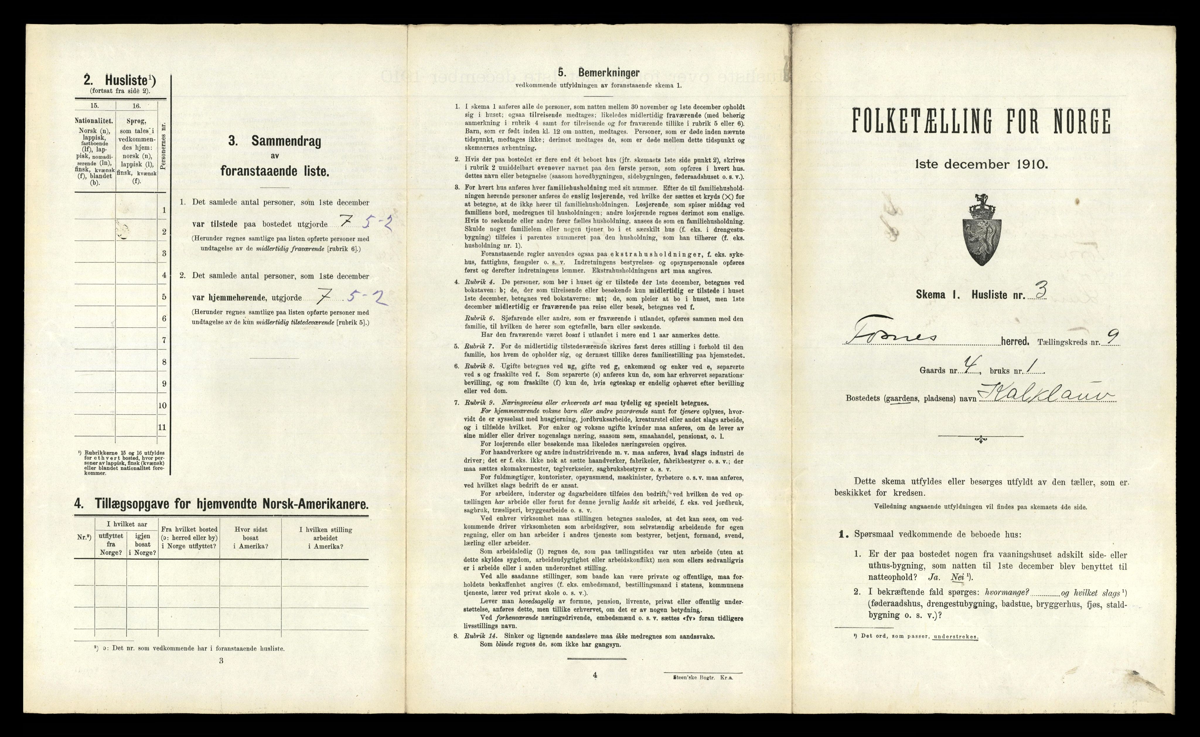 RA, 1910 census for Fosnes, 1910, p. 627