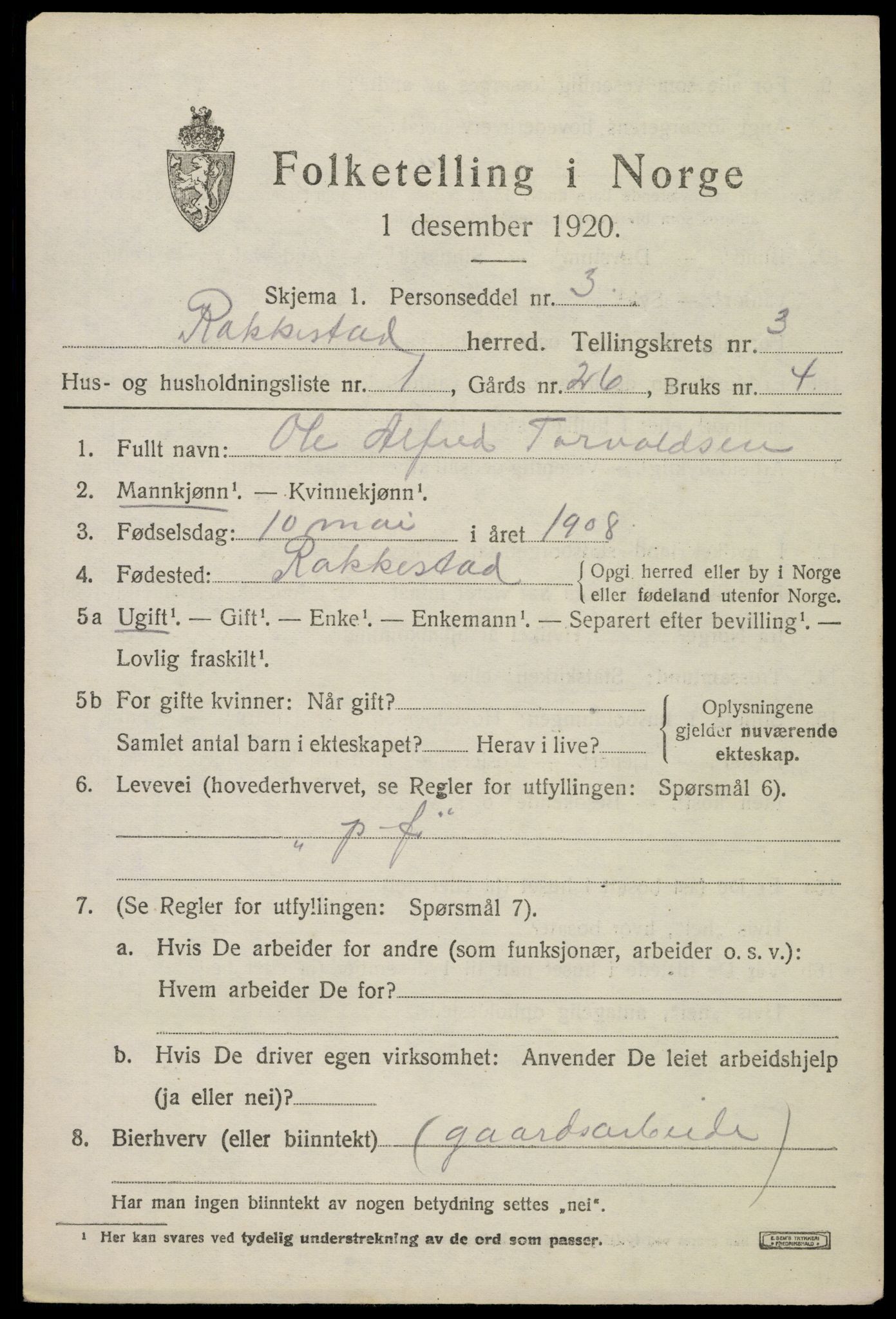 SAO, 1920 census for Rakkestad, 1920, p. 4429