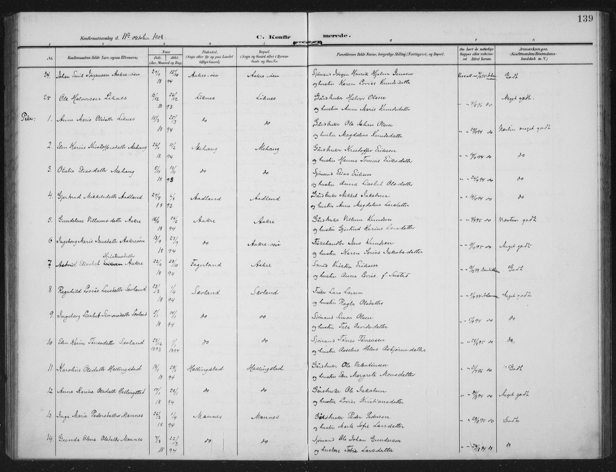 Kopervik sokneprestkontor, AV/SAST-A-101850/H/Ha/Haa/L0005: Parish register (official) no. A 5, 1906-1924, p. 139