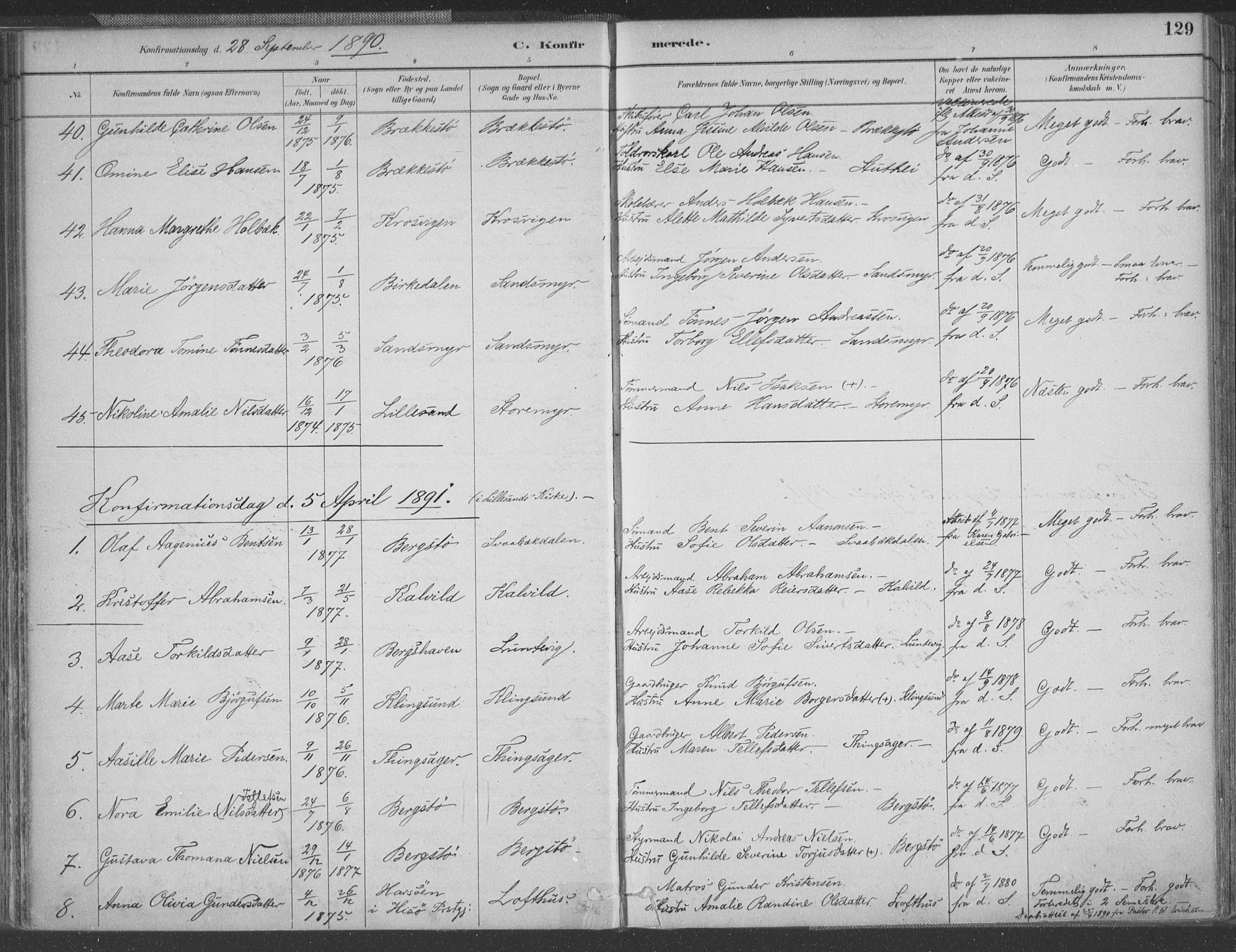 Vestre Moland sokneprestkontor, AV/SAK-1111-0046/F/Fa/Fab/L0009: Parish register (official) no. A 9, 1884-1899, p. 129