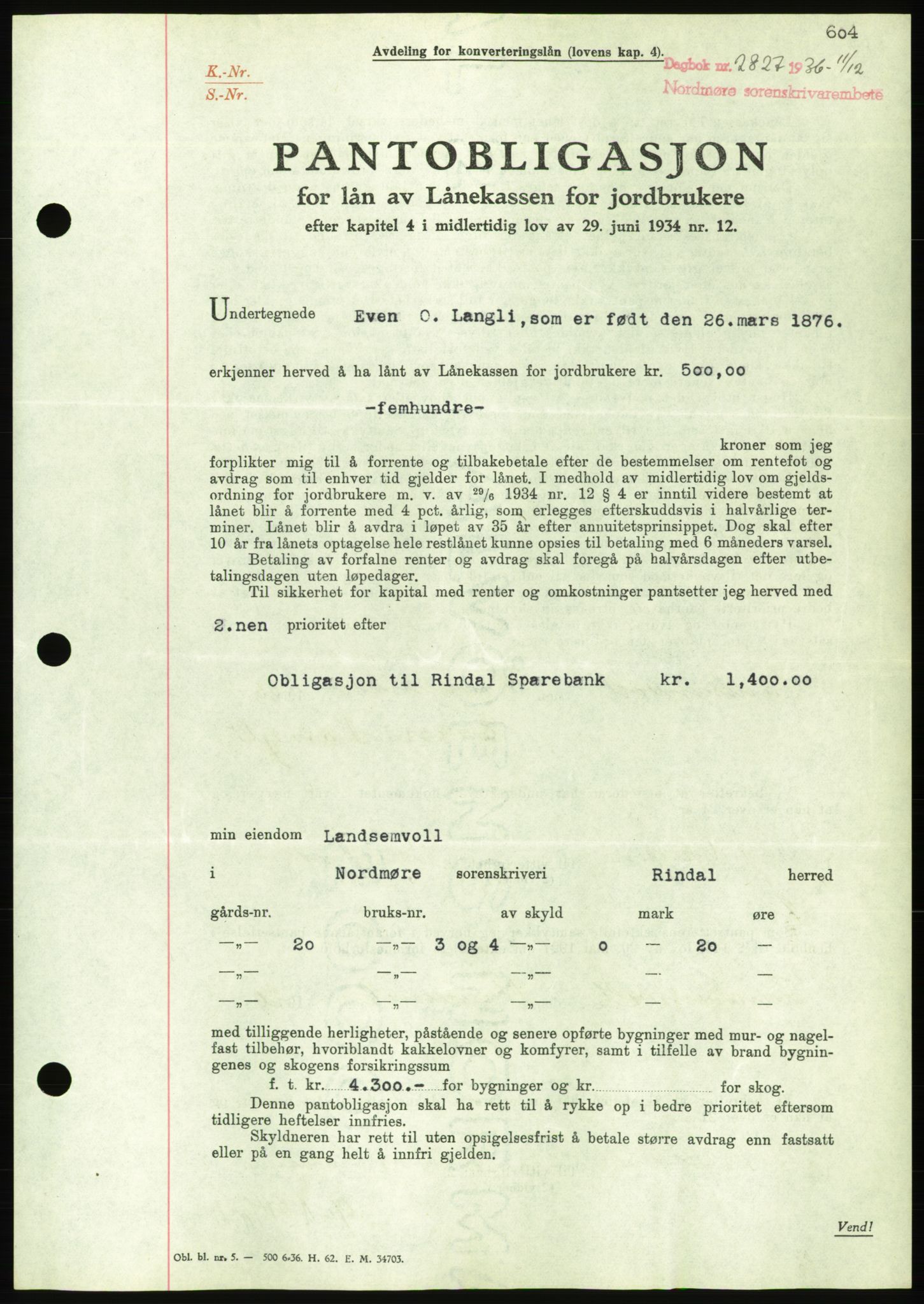 Nordmøre sorenskriveri, AV/SAT-A-4132/1/2/2Ca/L0090: Mortgage book no. B80, 1936-1937, Diary no: : 2827/1936