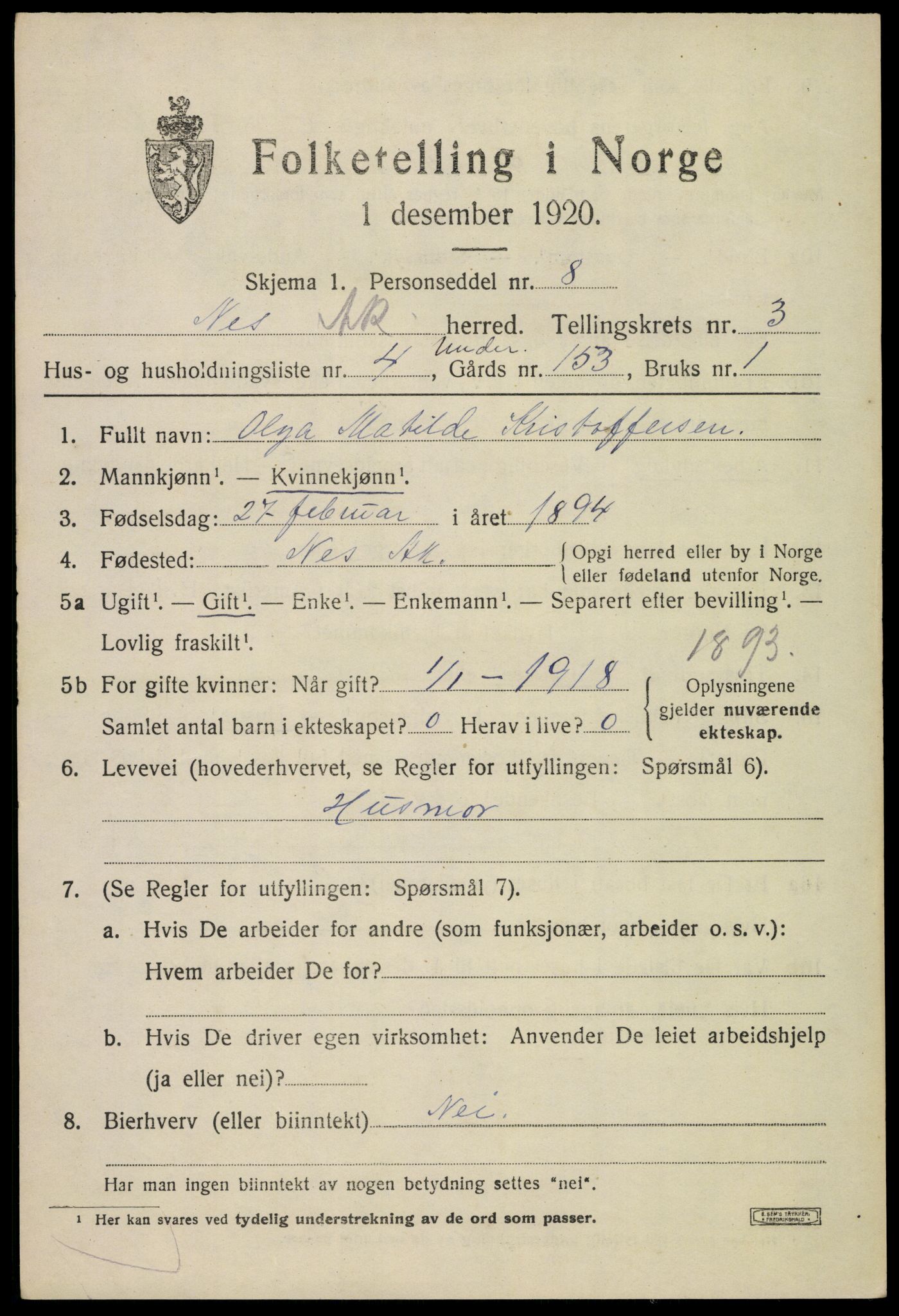 SAO, 1920 census for Nes, 1920, p. 5840