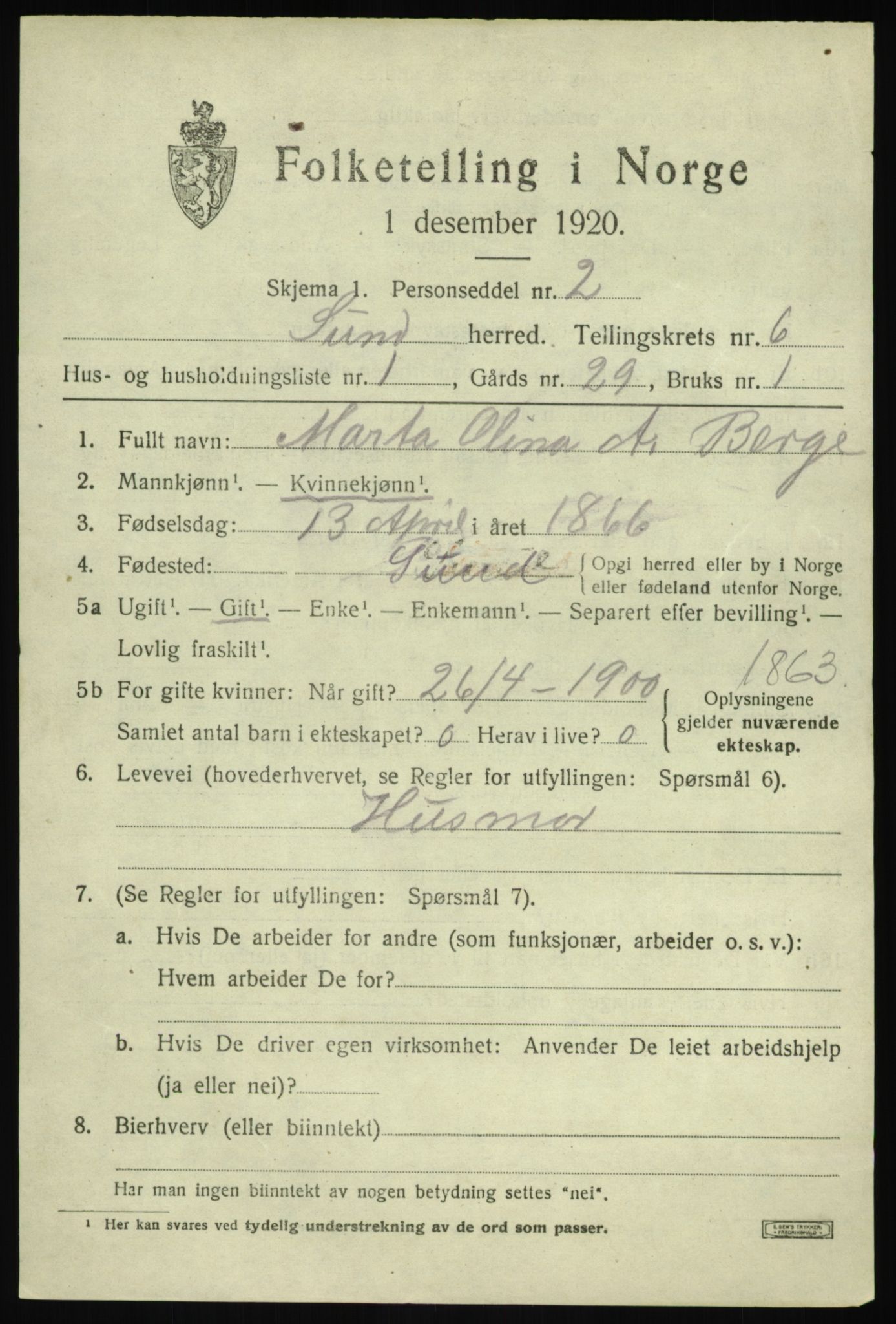 SAB, 1920 census for Sund, 1920, p. 3877