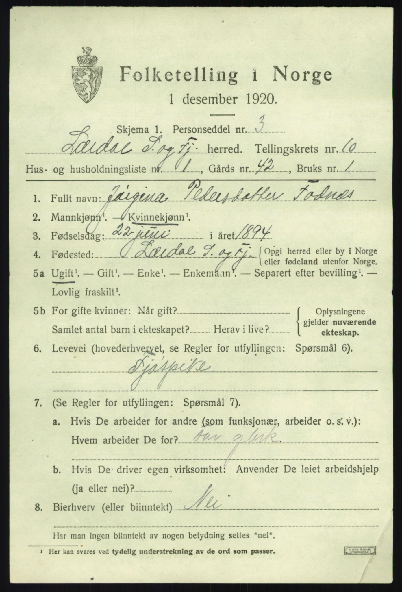 SAB, 1920 census for Lærdal, 1920, p. 4356