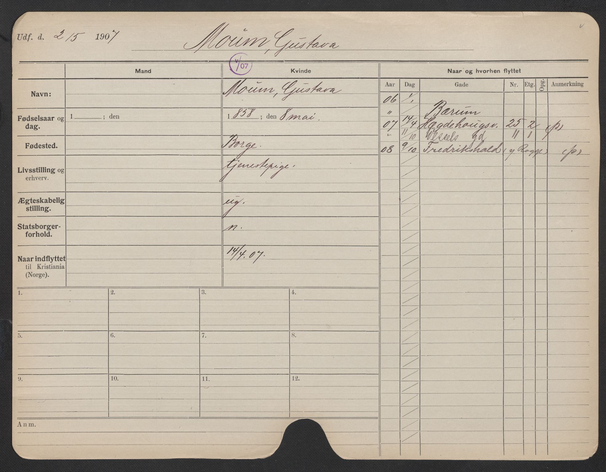 Oslo folkeregister, Registerkort, AV/SAO-A-11715/F/Fa/Fac/L0020: Kvinner, 1906-1914, p. 1087a