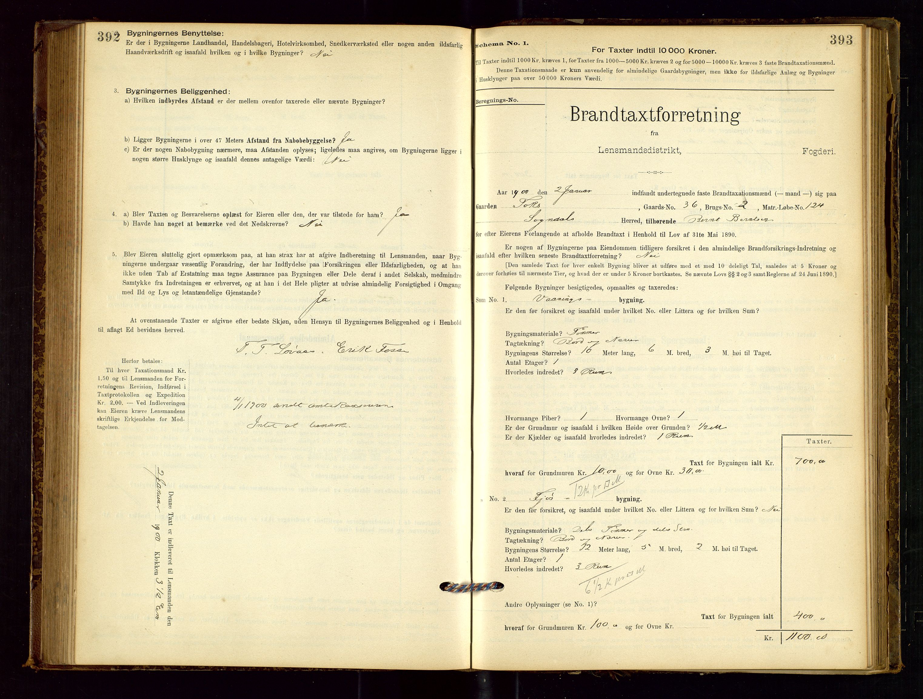 Sokndal lensmannskontor, AV/SAST-A-100417/Gob/L0001: "Brandtaxt-Protokol", 1895-1902, p. 392-393