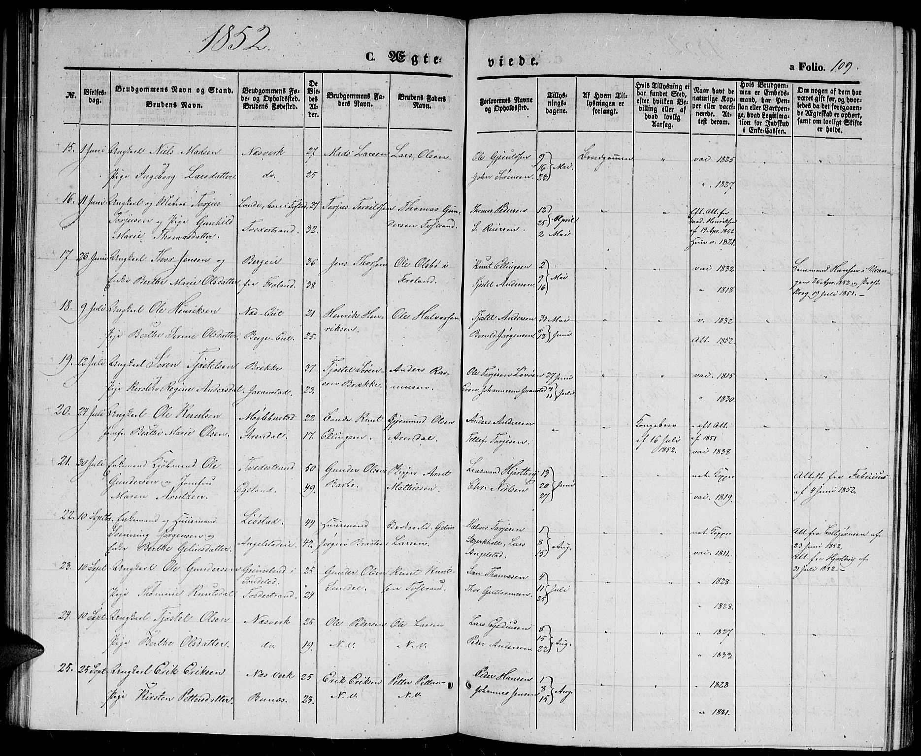 Holt sokneprestkontor, AV/SAK-1111-0021/F/Fb/L0007: Parish register (copy) no. B 7, 1849-1858, p. 109