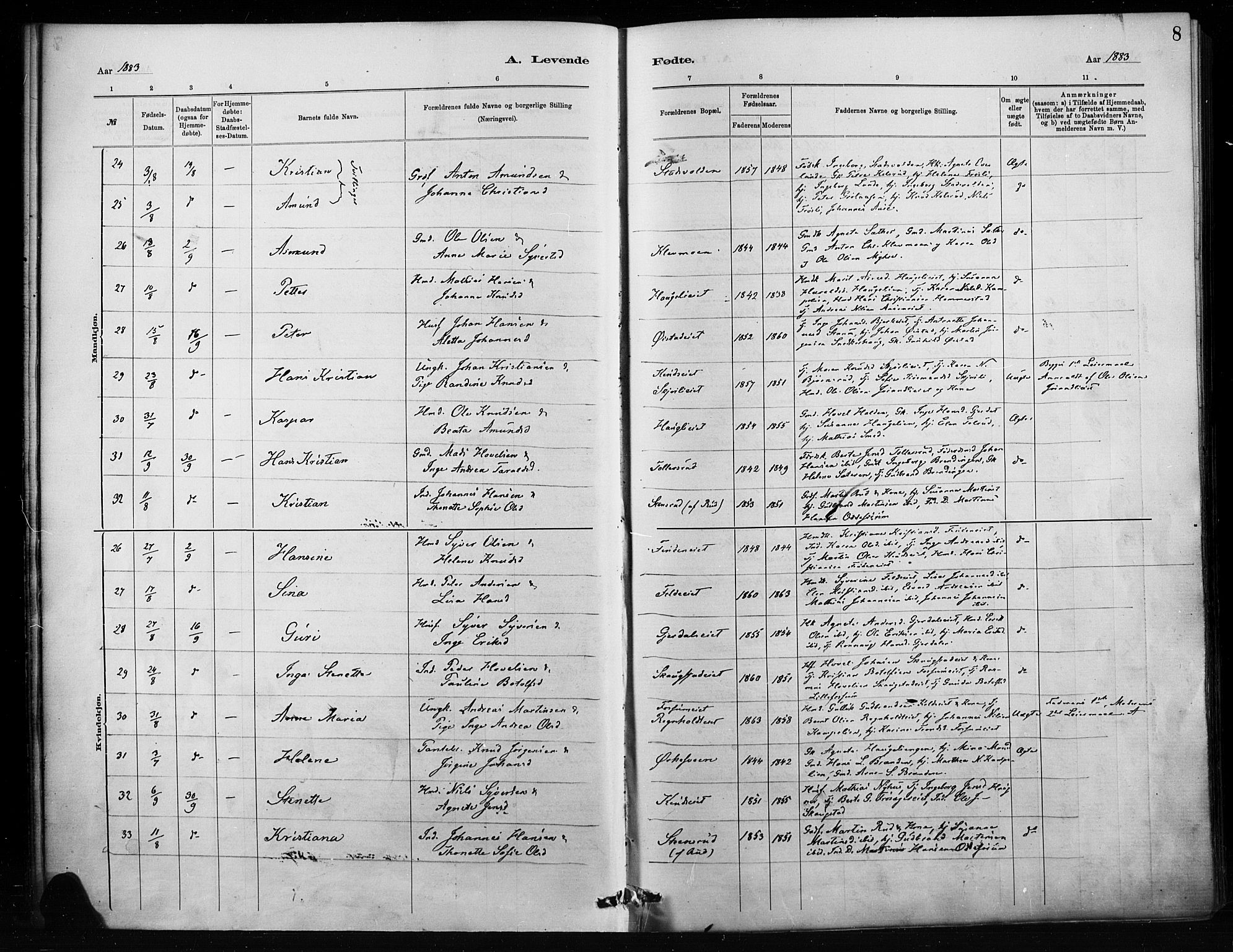 Nordre Land prestekontor, SAH/PREST-124/H/Ha/Haa/L0004: Parish register (official) no. 4, 1882-1896, p. 8