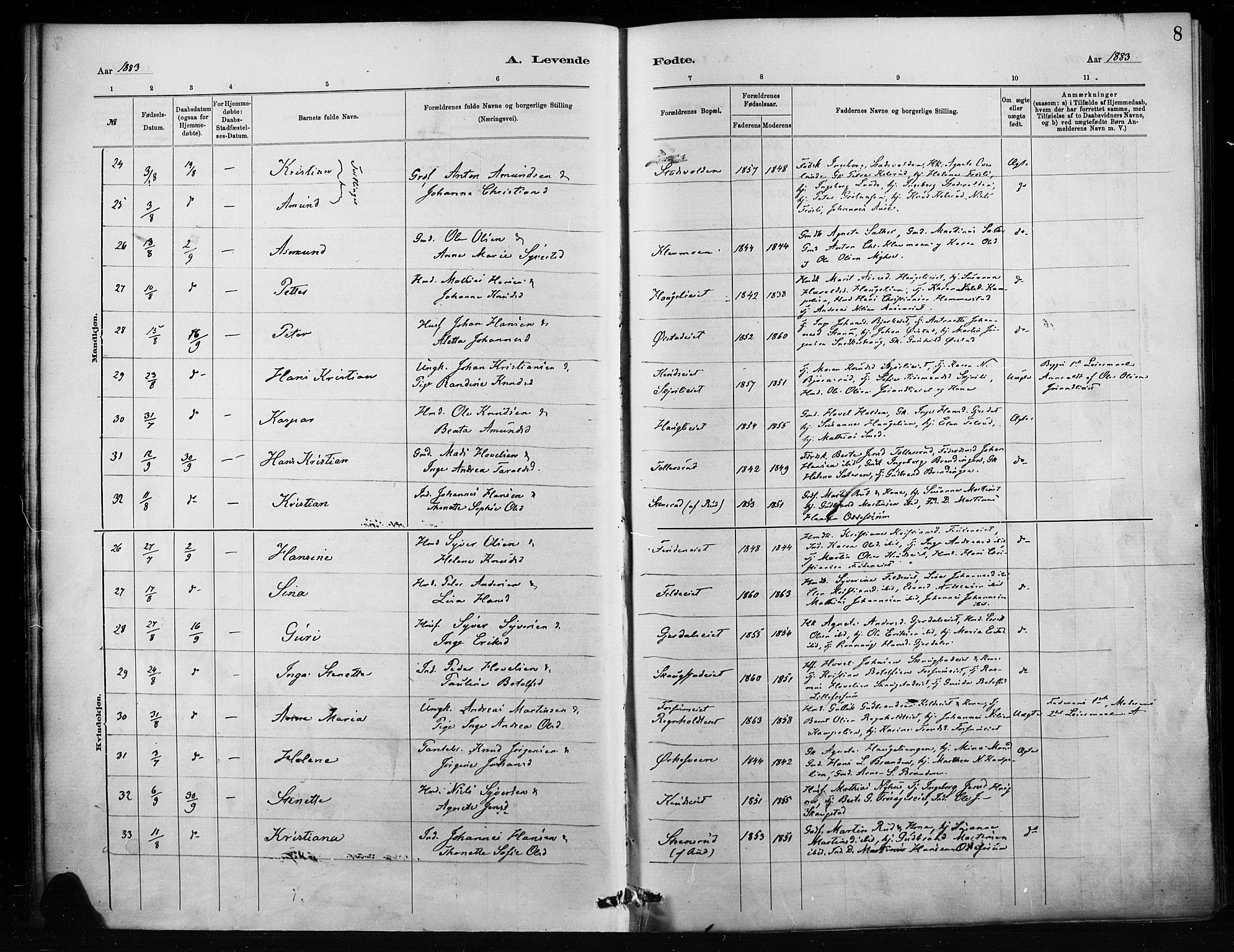 Nordre Land prestekontor, AV/SAH-PREST-124/H/Ha/Haa/L0004: Parish register (official) no. 4, 1882-1896, p. 8