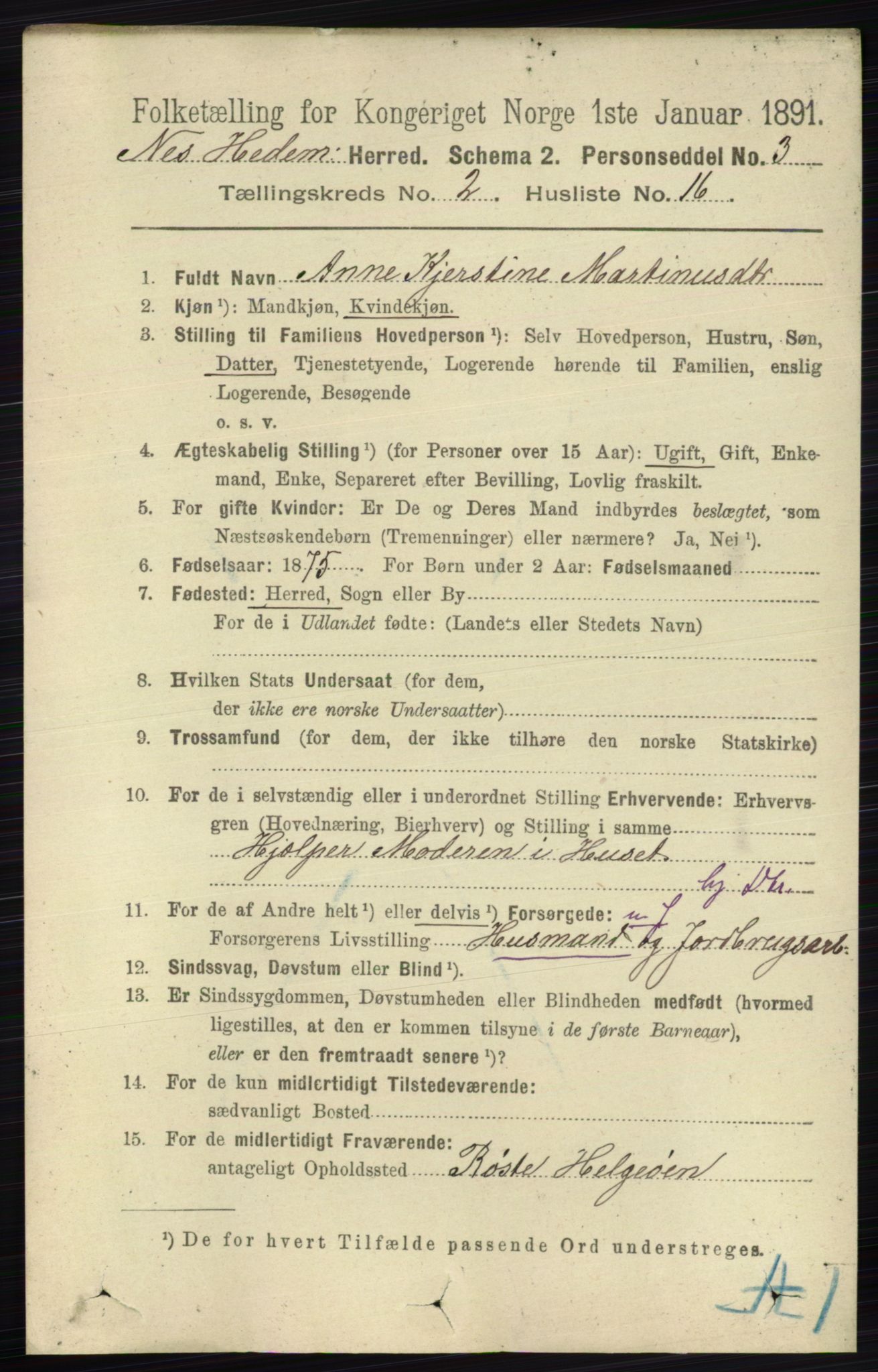 RA, 1891 census for 0411 Nes, 1891, p. 1168