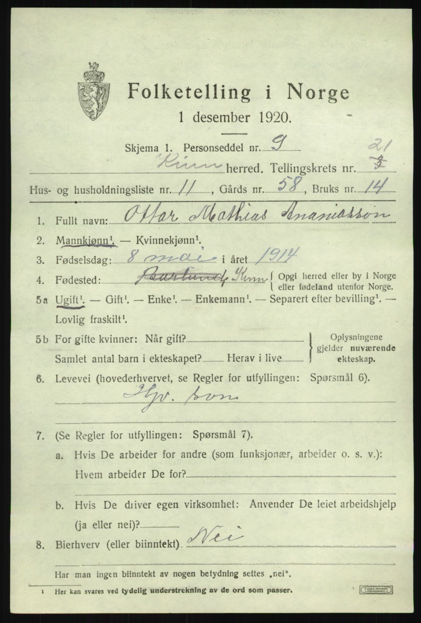 SAB, 1920 census for Kinn, 1920, p. 7875