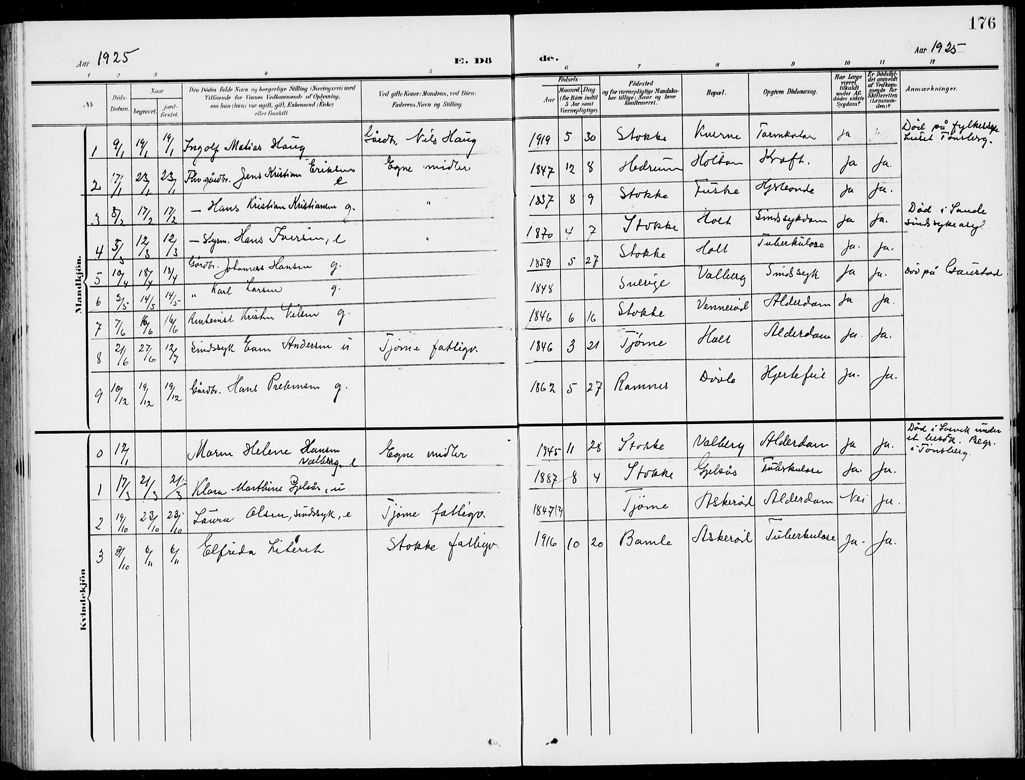 Stokke kirkebøker, AV/SAKO-A-320/G/Gc/L0001: Parish register (copy) no. III 1, 1904-1935, p. 176