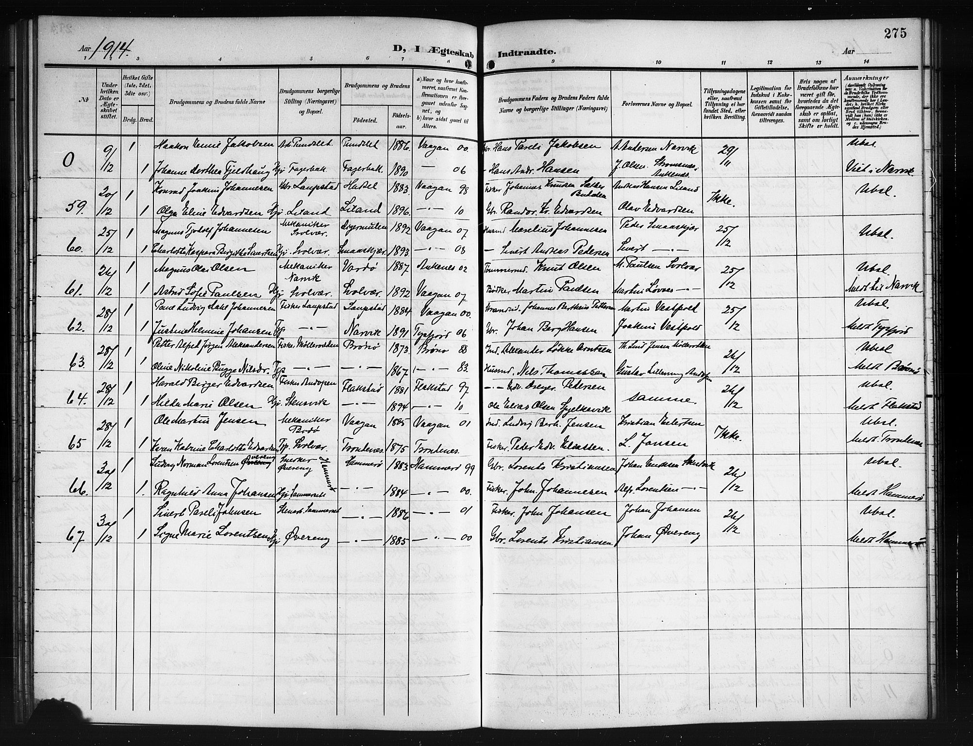 Ministerialprotokoller, klokkerbøker og fødselsregistre - Nordland, SAT/A-1459/874/L1079: Parish register (copy) no. 874C08, 1907-1915, p. 275