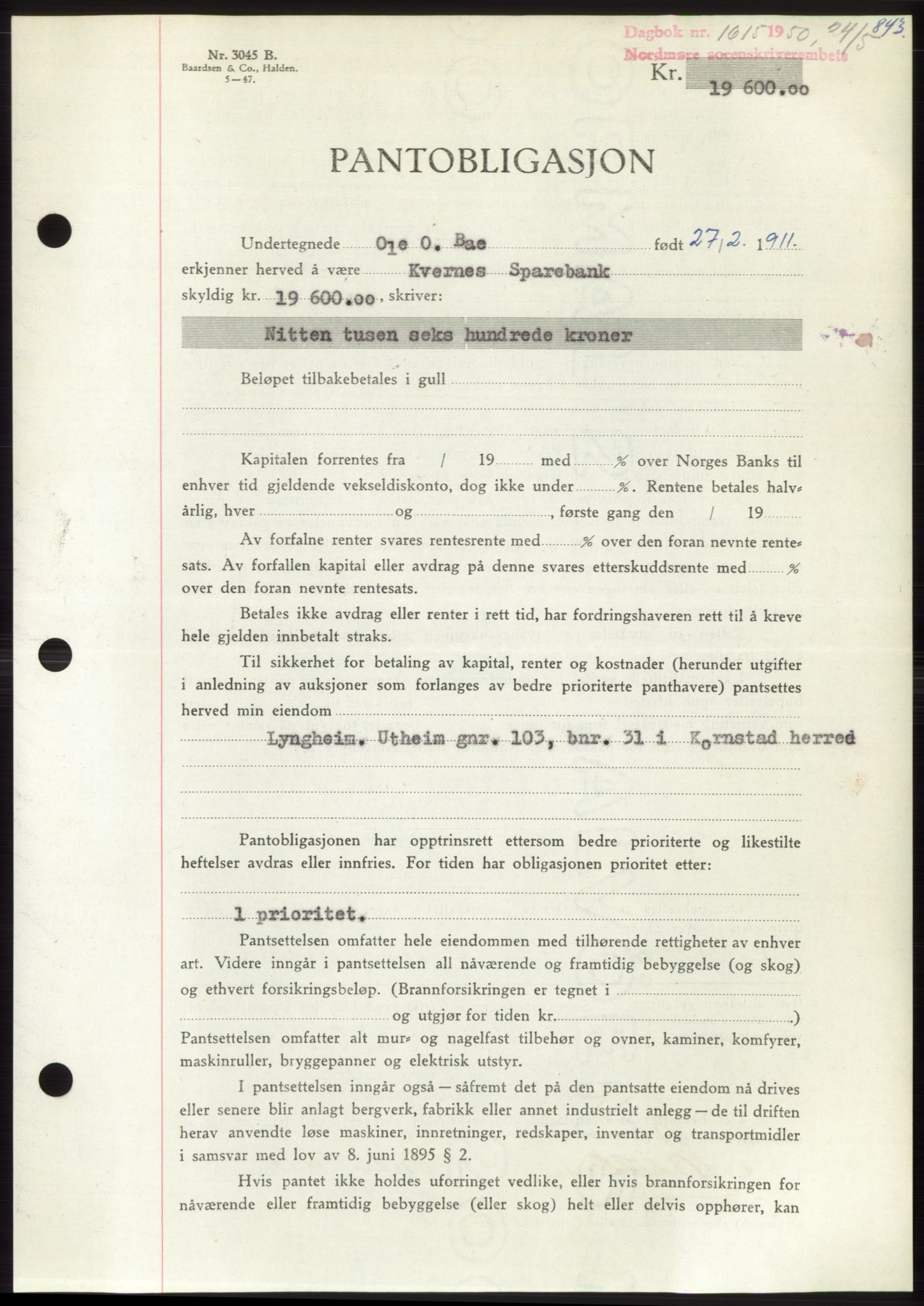 Nordmøre sorenskriveri, AV/SAT-A-4132/1/2/2Ca: Mortgage book no. B104, 1950-1950, Diary no: : 1615/1950