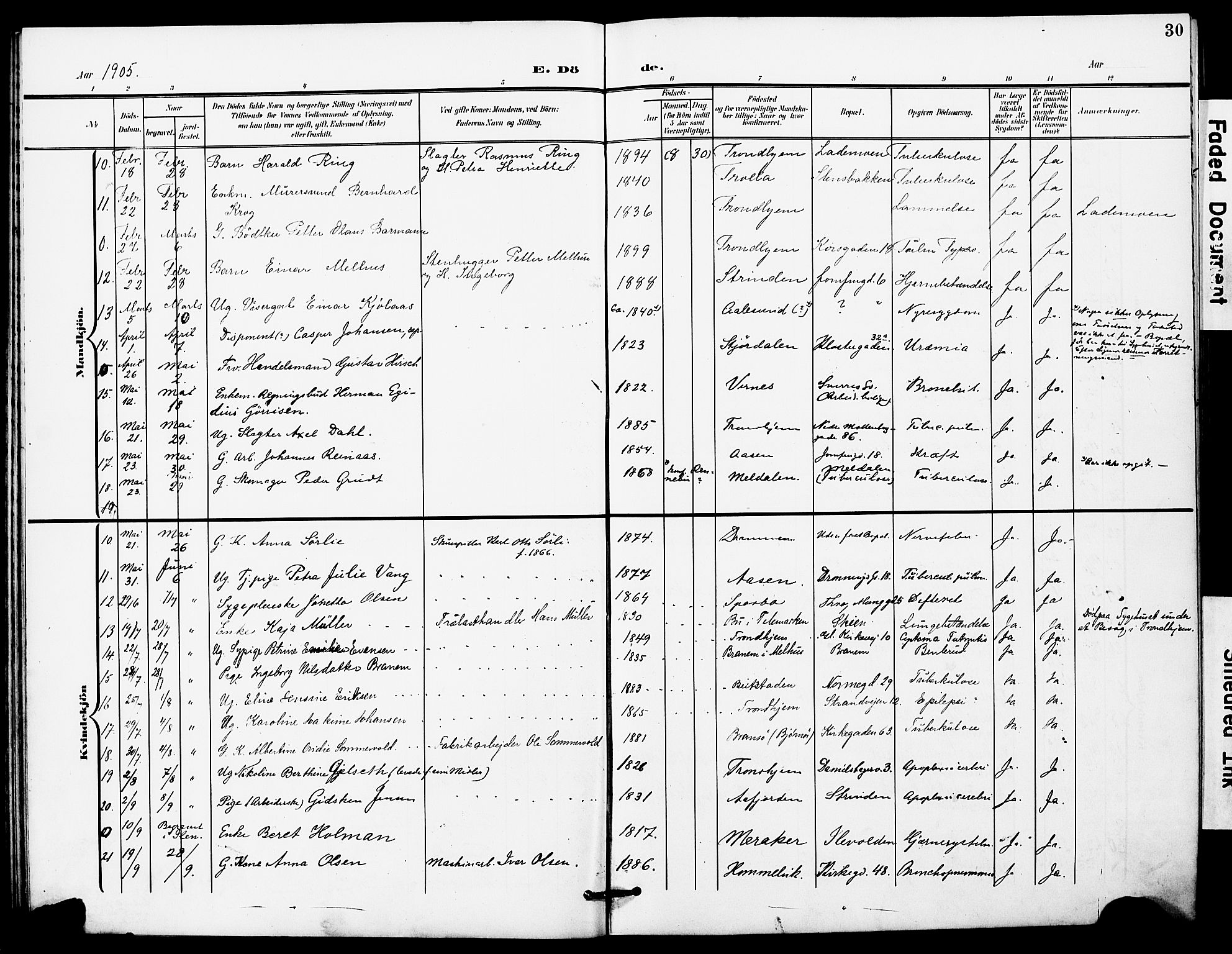 Ministerialprotokoller, klokkerbøker og fødselsregistre - Sør-Trøndelag, AV/SAT-A-1456/628/L0483: Parish register (official) no. 628A01, 1902-1920, p. 30