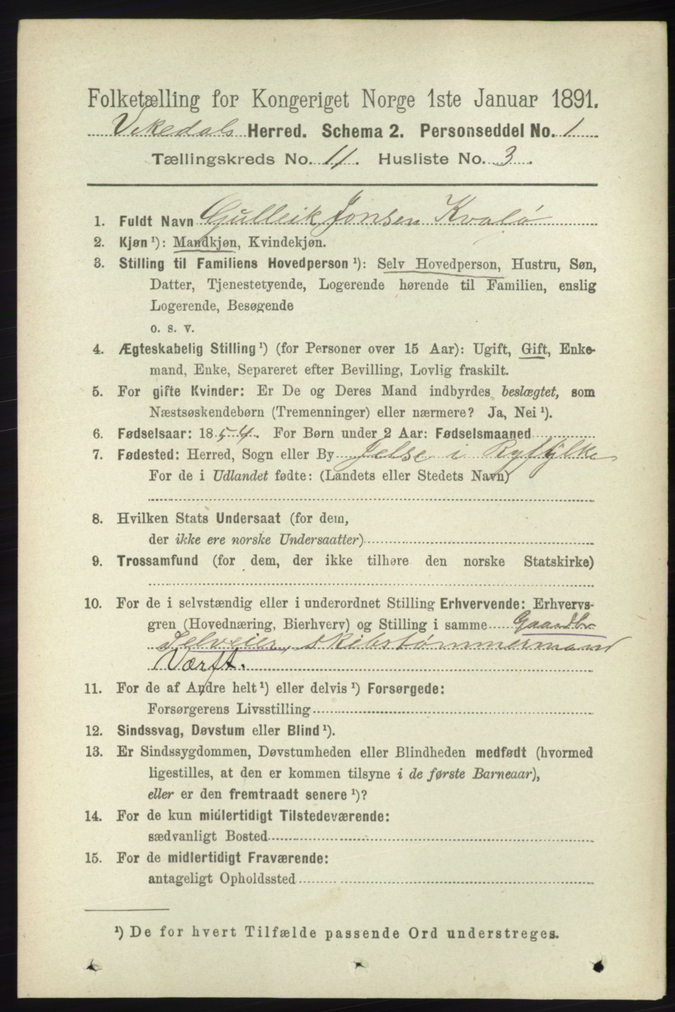 RA, 1891 census for 1157 Vikedal, 1891, p. 2905