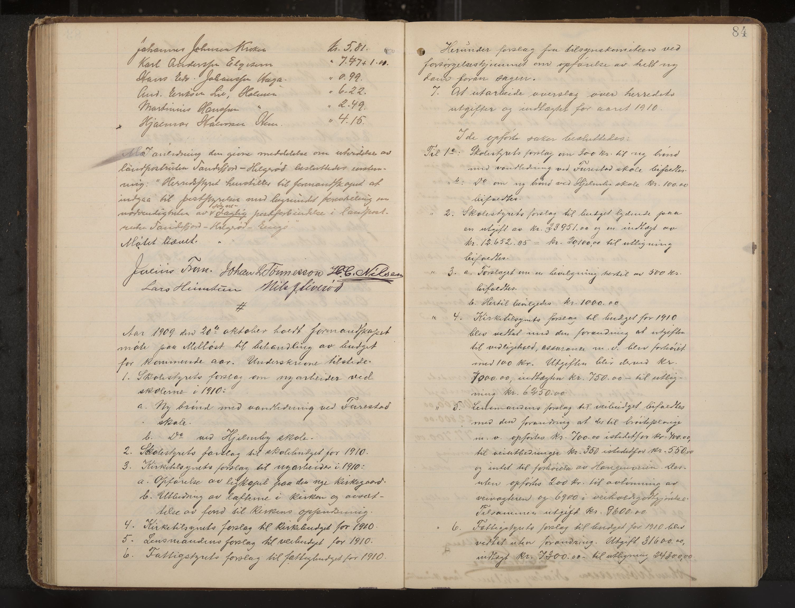Sandar formannskap og sentraladministrasjon, IKAK/0724021/A/Aa/L0004: Møtebok med register, 1907-1914, p. 84