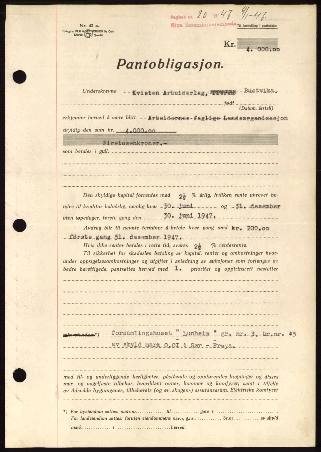 Hitra sorenskriveri, AV/SAT-A-0018/2/2C/2Ca: Mortgage book no. B1, 1939-1949, Diary no: : 20/1947