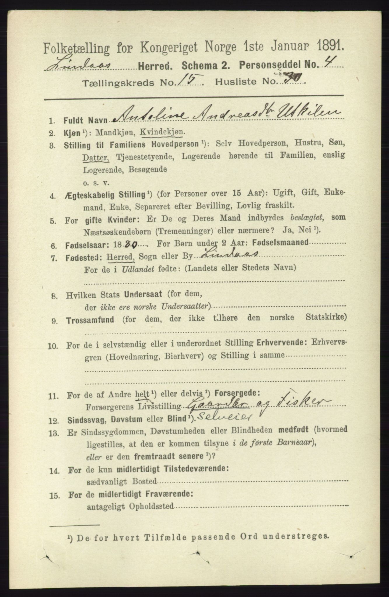 RA, 1891 census for 1263 Lindås, 1891, p. 5458