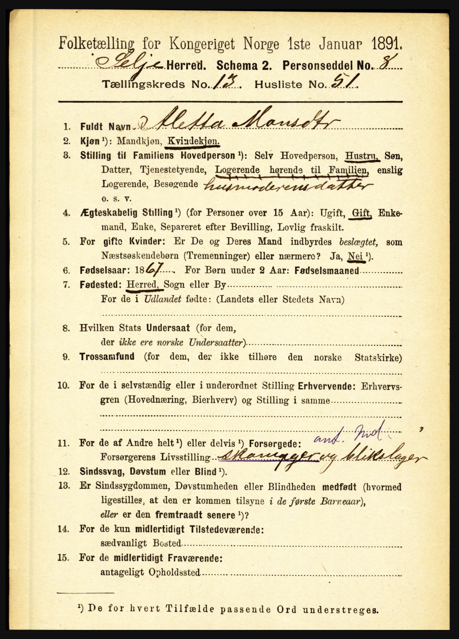 RA, 1891 census for 1441 Selje, 1891, p. 4396