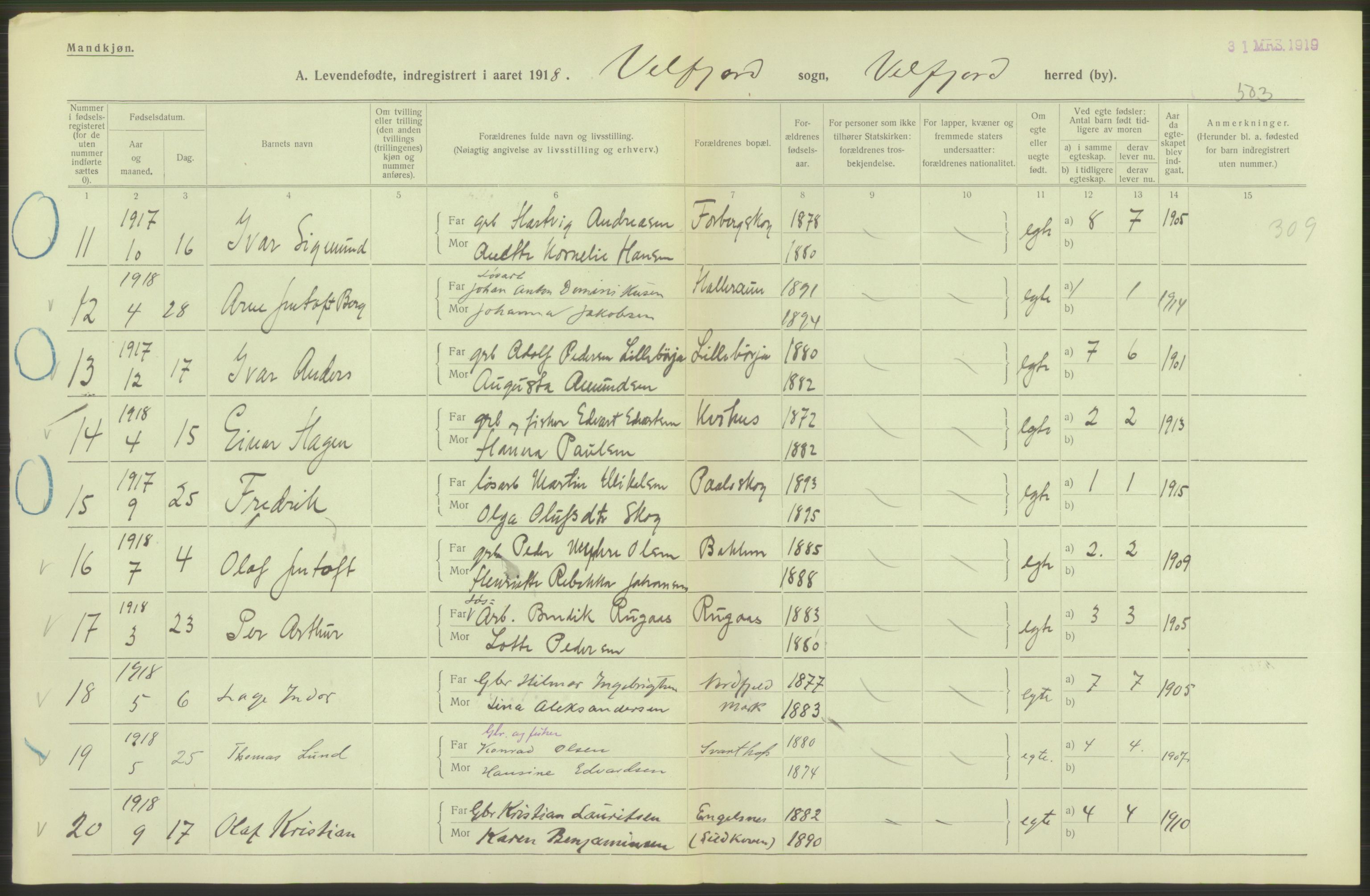 Statistisk sentralbyrå, Sosiodemografiske emner, Befolkning, AV/RA-S-2228/D/Df/Dfb/Dfbh/L0052: Nordland fylke: Levendefødte menn og kvinner. Bygder., 1918, p. 42
