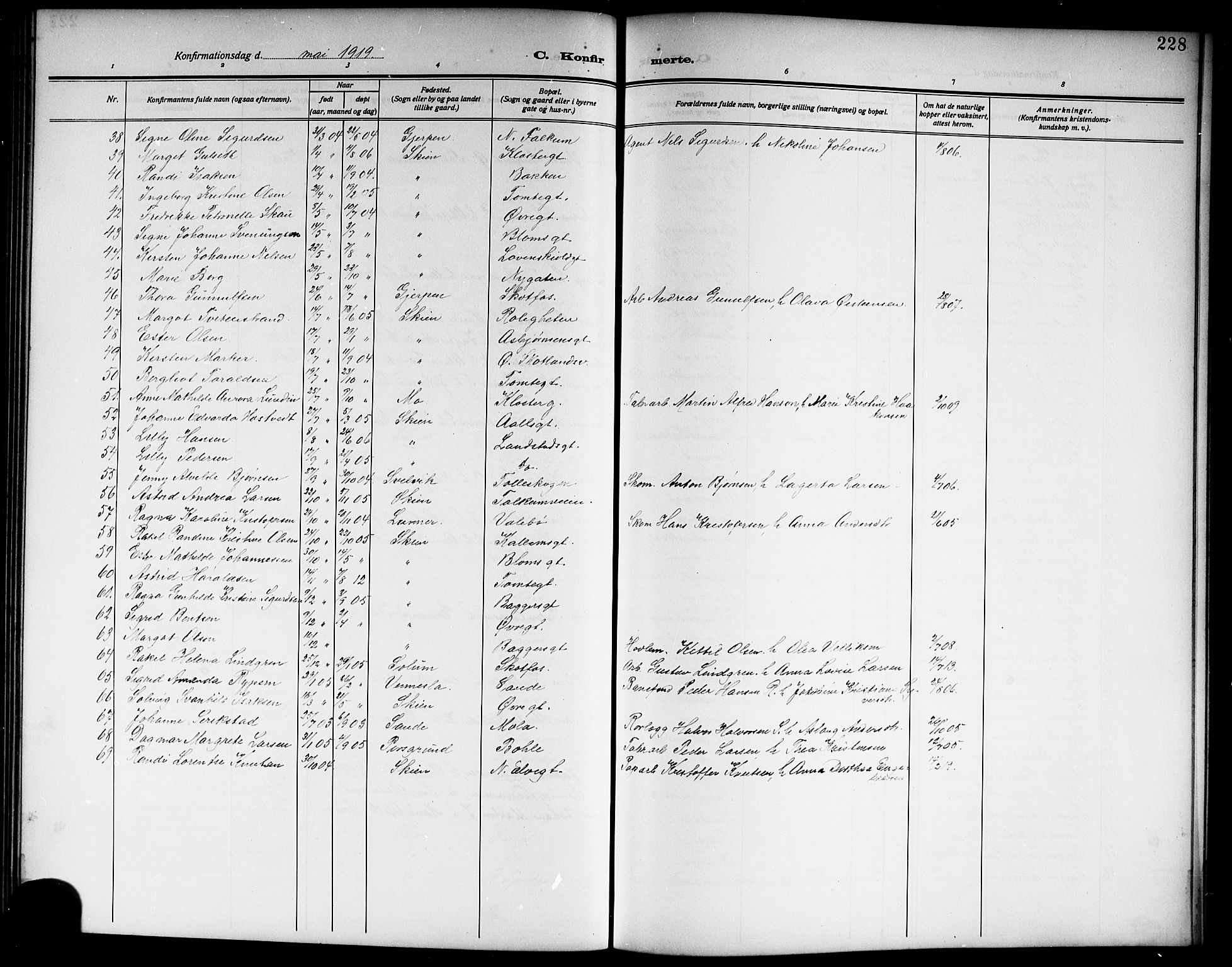 Skien kirkebøker, SAKO/A-302/G/Ga/L0009: Parish register (copy) no. 9, 1910-1920, p. 228