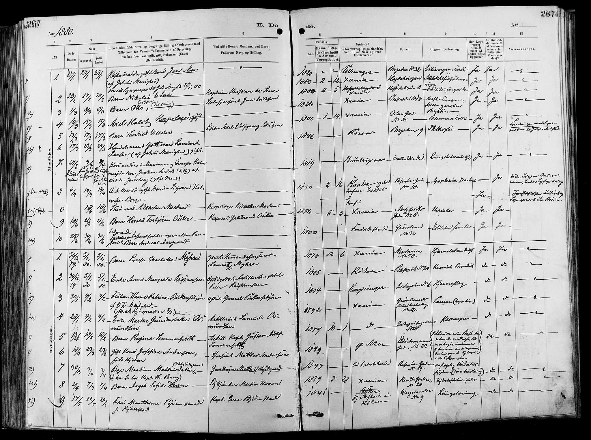 Garnisonsmenigheten Kirkebøker, SAO/A-10846/F/Fa/L0012: Parish register (official) no. 12, 1880-1893, p. 267