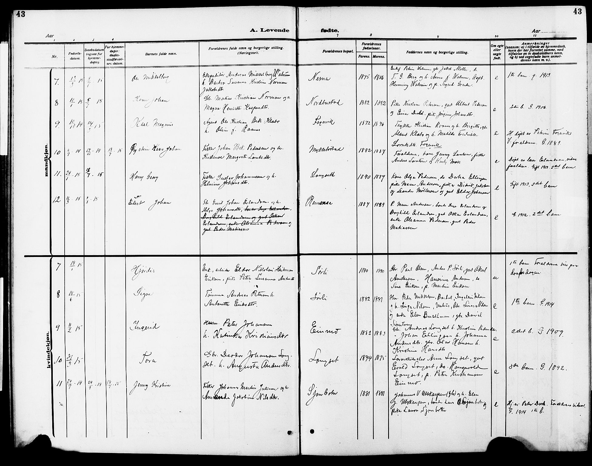 Ministerialprotokoller, klokkerbøker og fødselsregistre - Nordland, AV/SAT-A-1459/838/L0560: Parish register (copy) no. 838C07, 1910-1928, p. 43