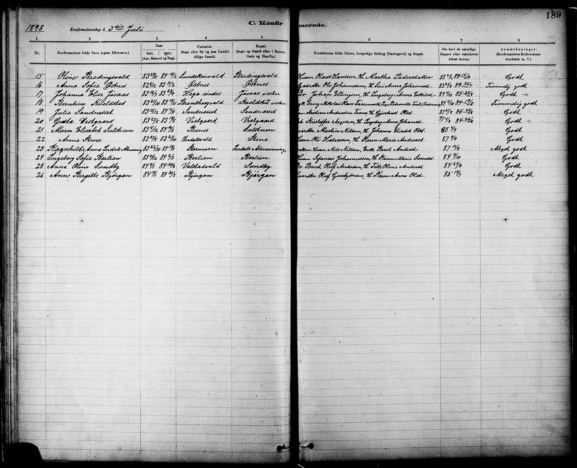 Ministerialprotokoller, klokkerbøker og fødselsregistre - Nord-Trøndelag, SAT/A-1458/724/L0267: Parish register (copy) no. 724C03, 1879-1898, p. 189