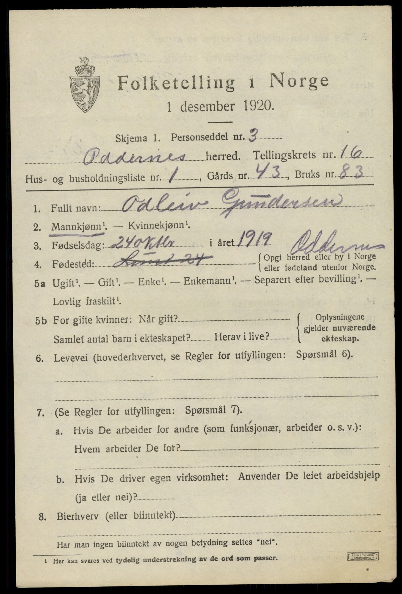 SAK, 1920 census for Oddernes, 1920, p. 11137