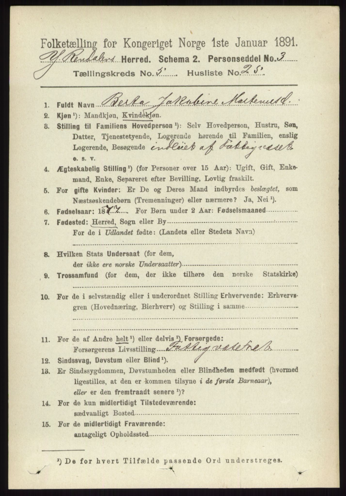 RA, 1891 census for 0432 Ytre Rendal, 1891, p. 1412