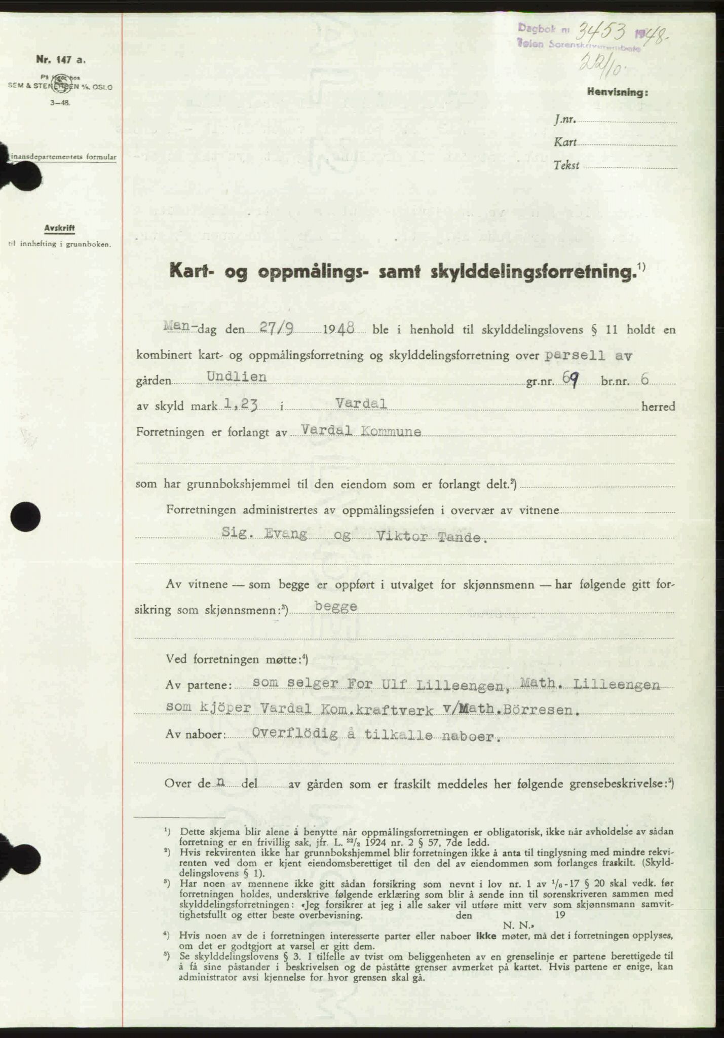 Toten tingrett, SAH/TING-006/H/Hb/Hbc/L0020: Mortgage book no. Hbc-20, 1948-1948, Diary no: : 3453/1948