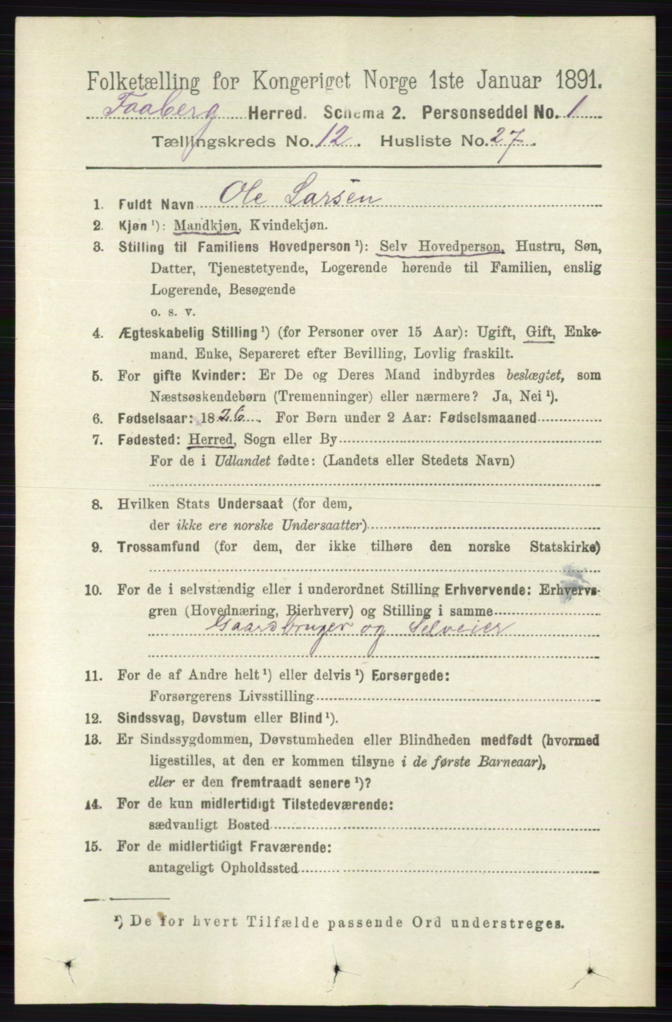 RA, 1891 census for 0524 Fåberg, 1891, p. 4905