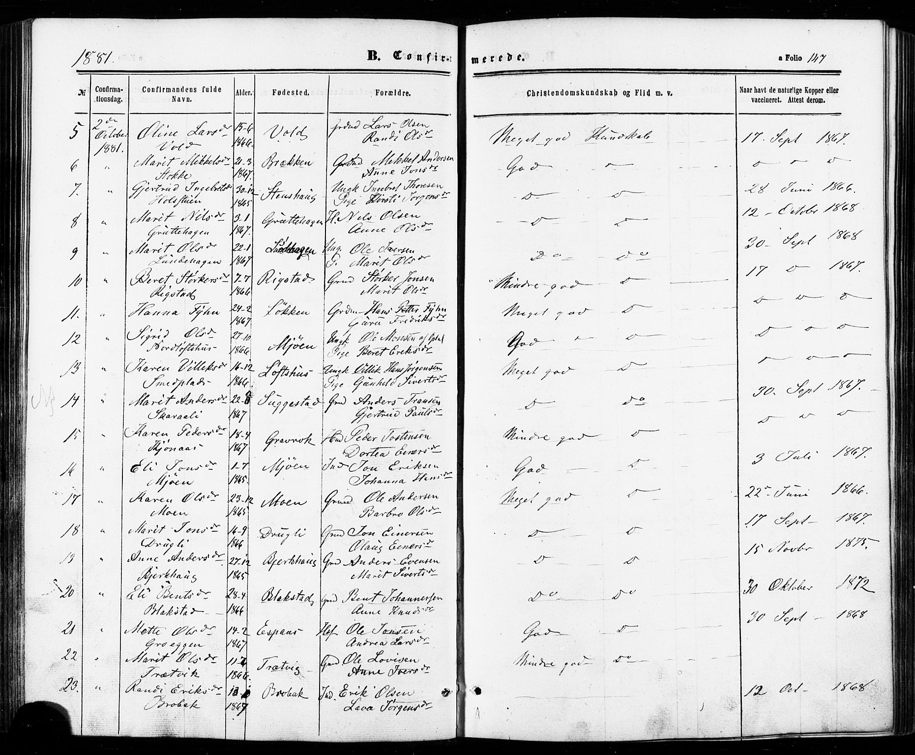 Ministerialprotokoller, klokkerbøker og fødselsregistre - Sør-Trøndelag, AV/SAT-A-1456/672/L0856: Parish register (official) no. 672A08, 1861-1881, p. 147