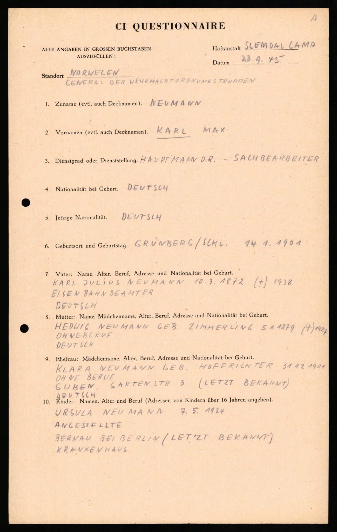 Forsvaret, Forsvarets overkommando II, AV/RA-RAFA-3915/D/Db/L0024: CI Questionaires. Tyske okkupasjonsstyrker i Norge. Tyskere., 1945-1946, p. 65