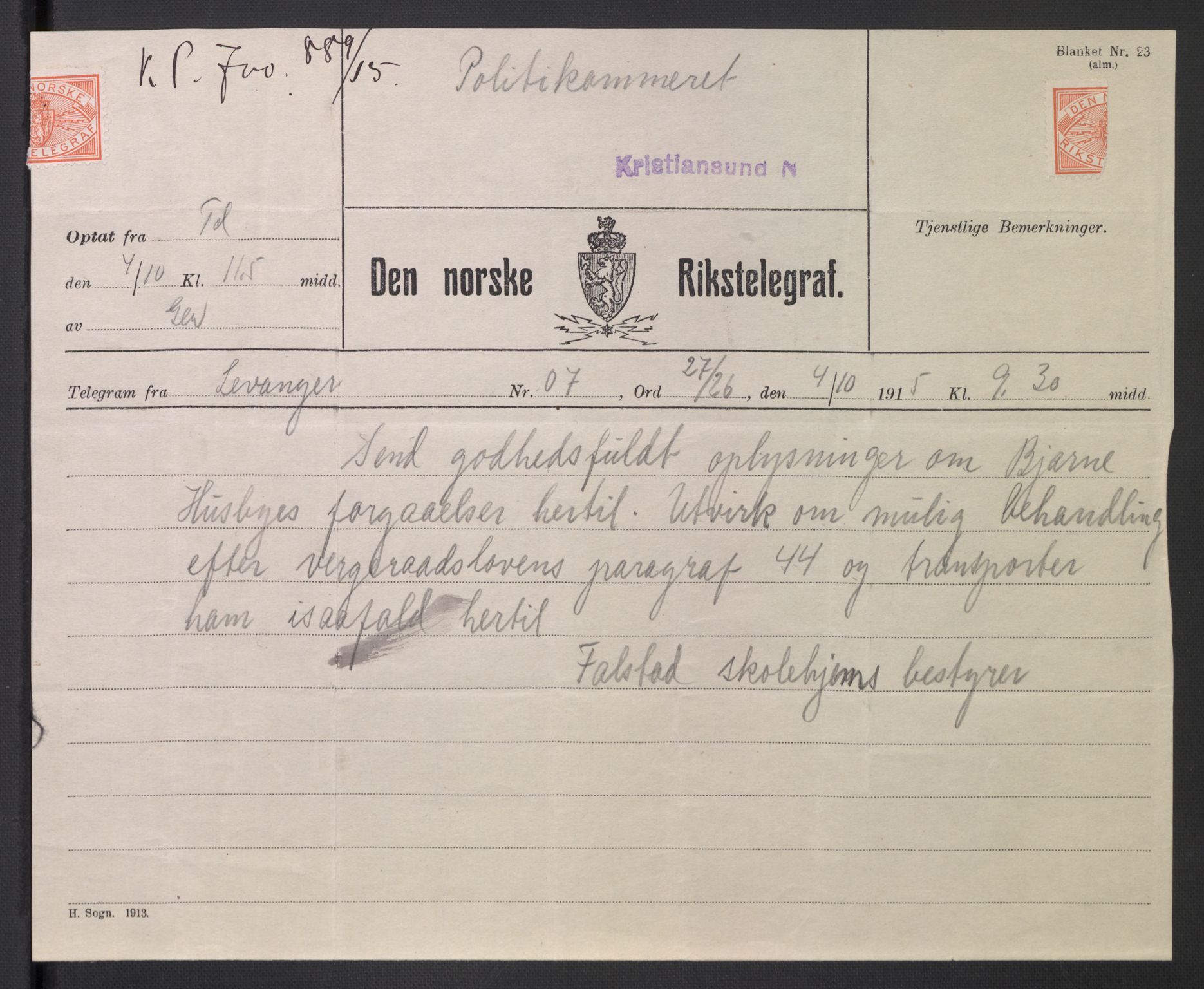 Falstad skolehjem, AV/RA-S-1676/E/Eb/L0010: Elevmapper løpenr. 210-239, 1910-1917, p. 266