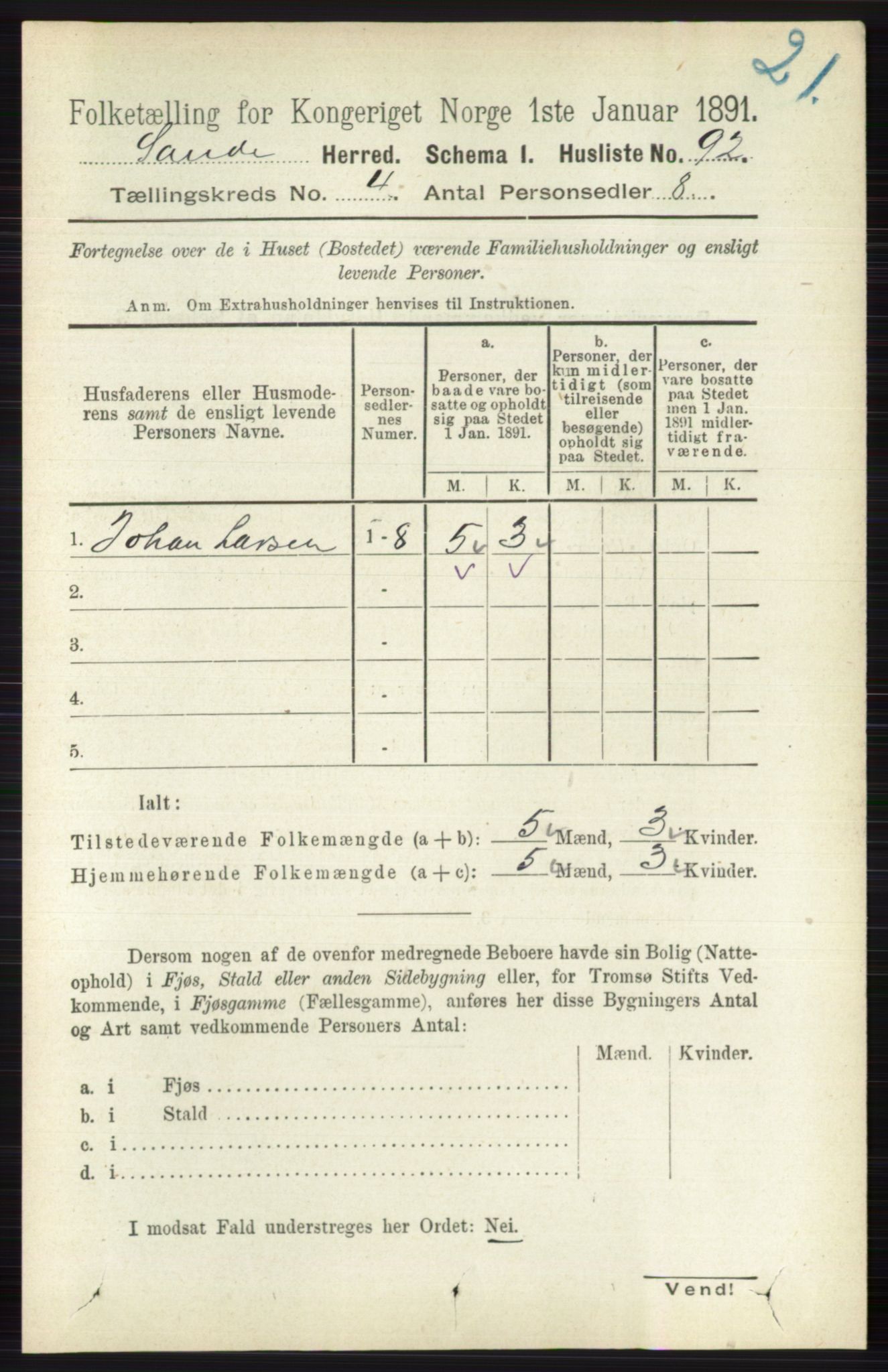 RA, 1891 census for 0713 Sande, 1891, p. 1476