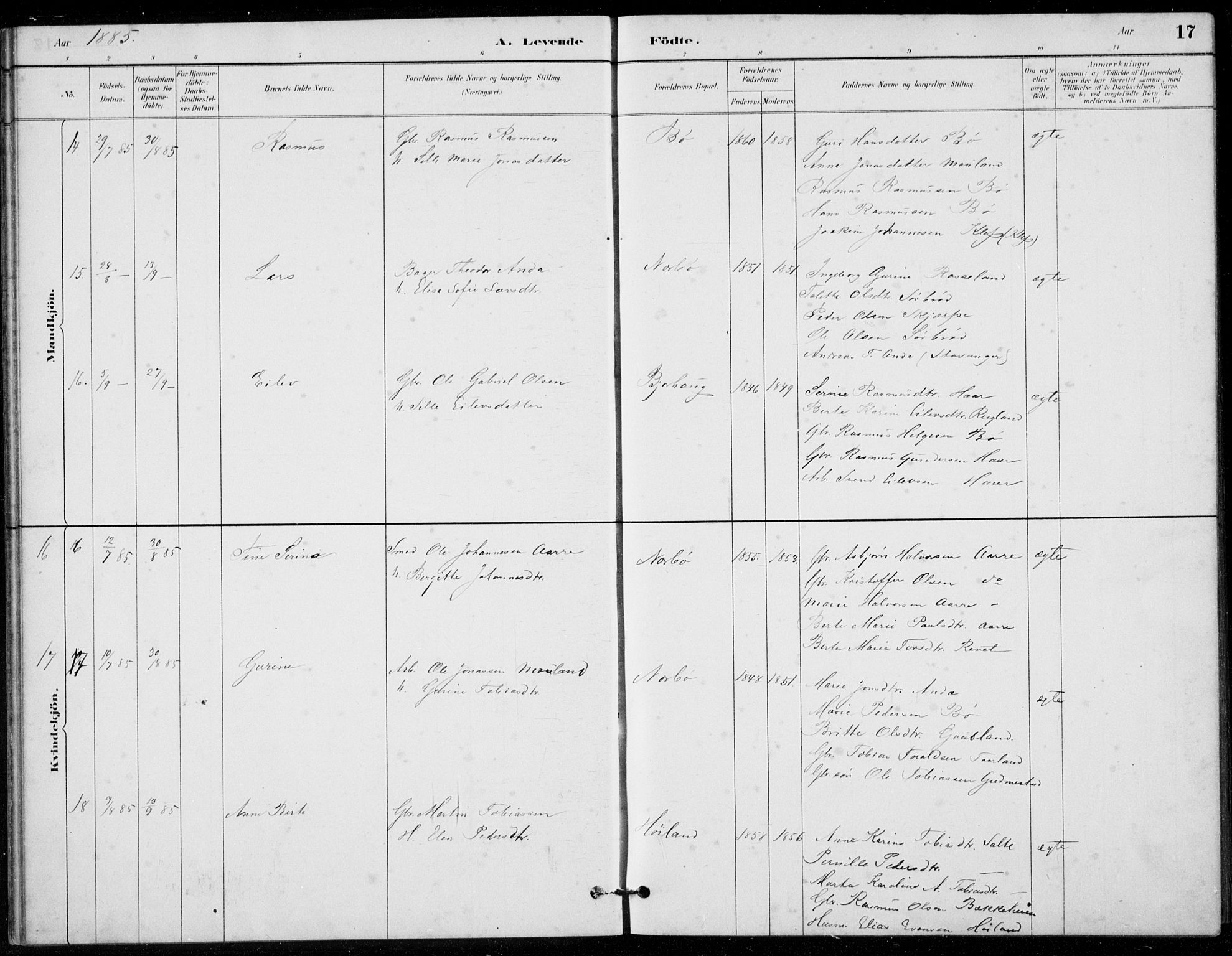 Hå sokneprestkontor, AV/SAST-A-101801/001/30BB/L0003: Parish register (copy) no. B 3, 1883-1894, p. 17