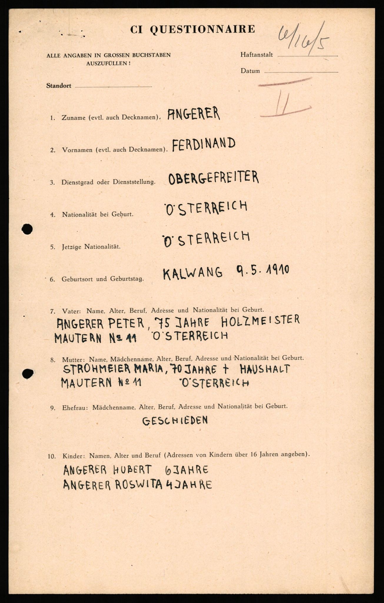 Forsvaret, Forsvarets overkommando II, AV/RA-RAFA-3915/D/Db/L0038: CI Questionaires. Tyske okkupasjonsstyrker i Norge. Østerrikere., 1945-1946, p. 11