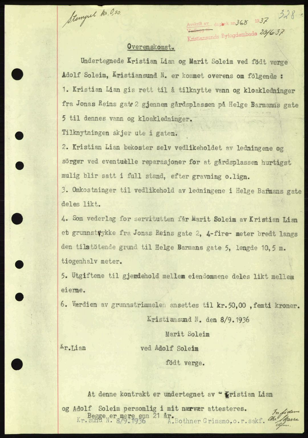 Kristiansund byfogd, AV/SAT-A-4587/A/27: Mortgage book no. 30, 1936-1941, Diary no: : 368/1937