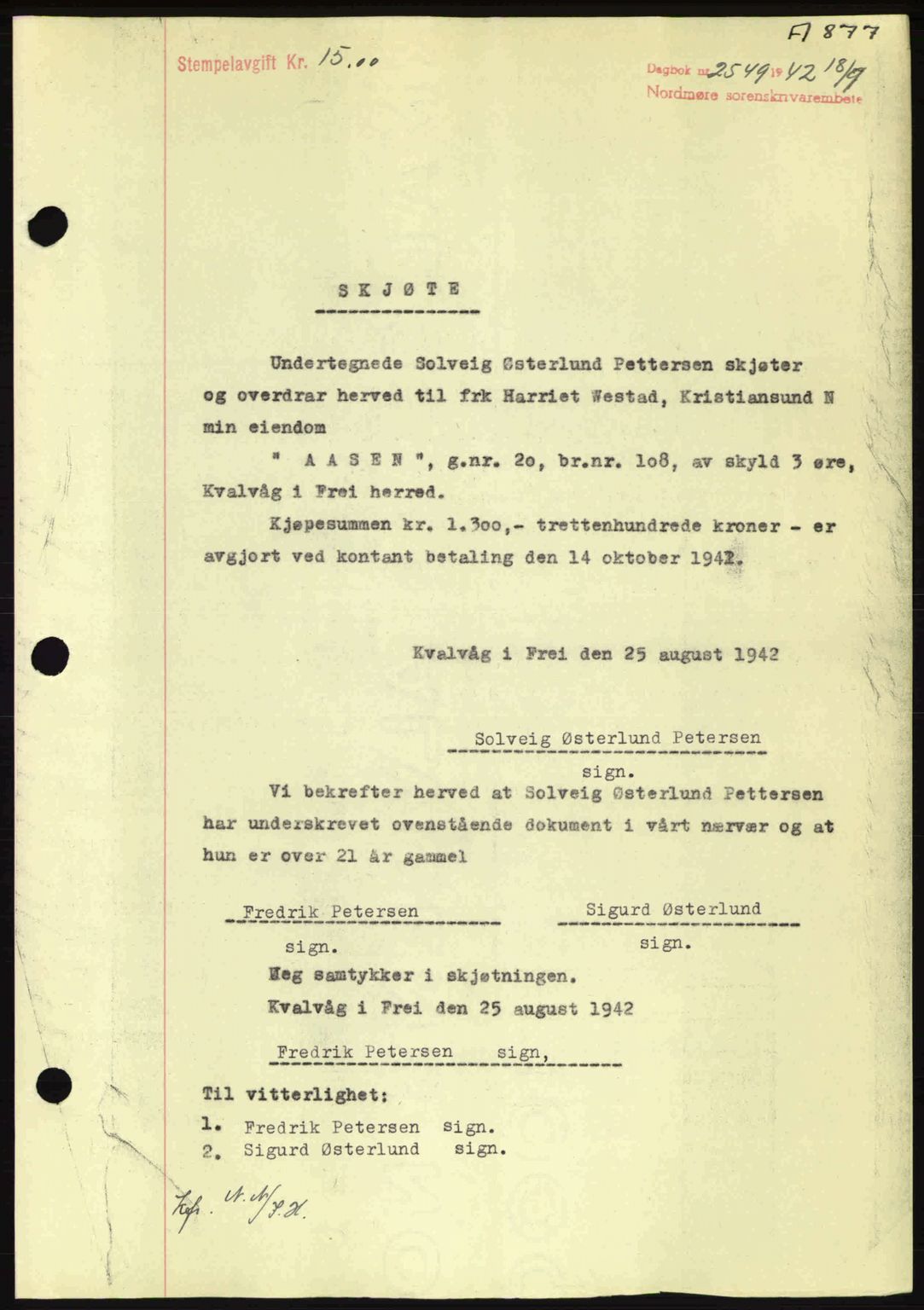 Nordmøre sorenskriveri, AV/SAT-A-4132/1/2/2Ca: Mortgage book no. A93, 1942-1942, Diary no: : 2549/1942